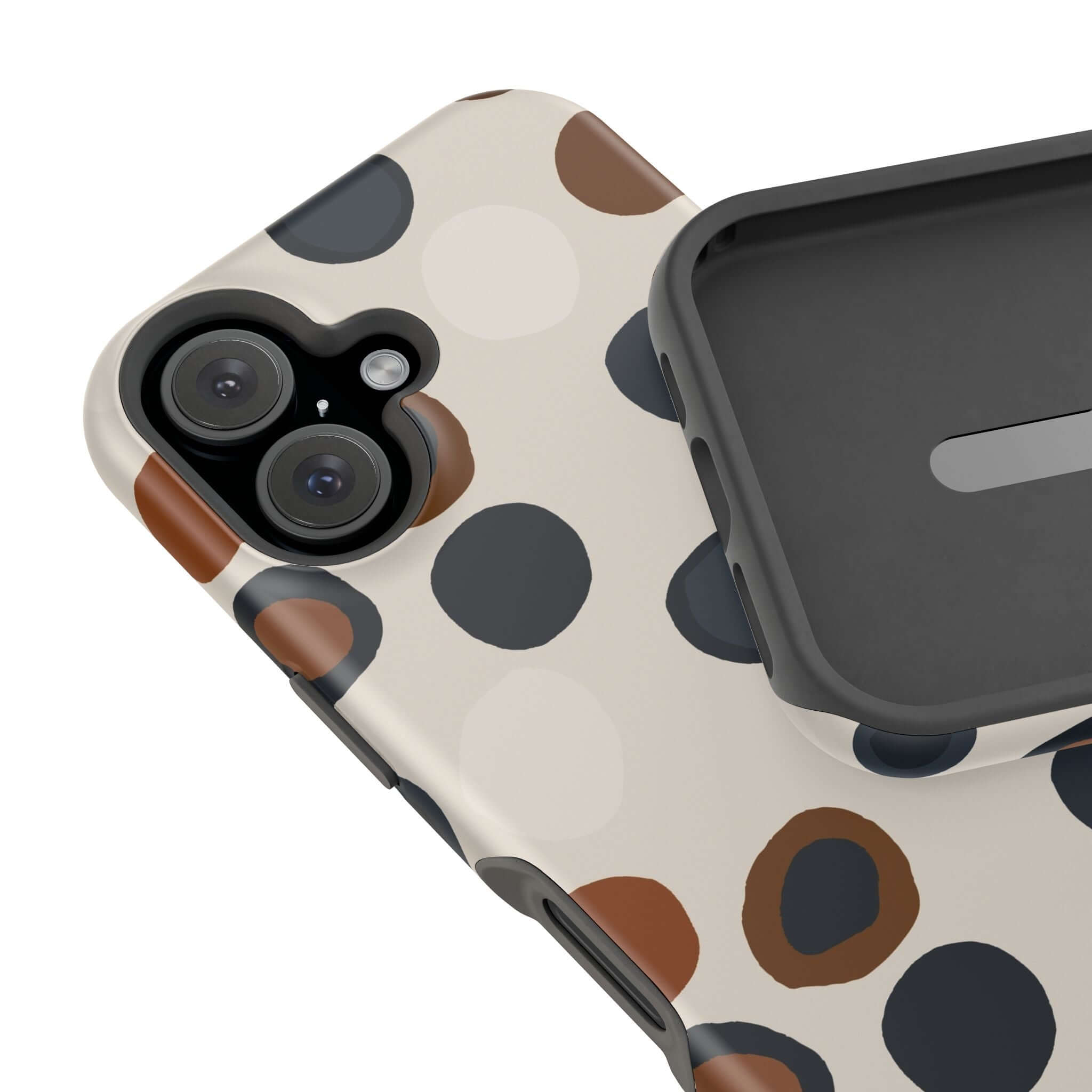 Chic Wanderer Modern Spots Case with abstract brown spots, colorful and cute MagSafe iPhone case for fashion-forward adventurers.