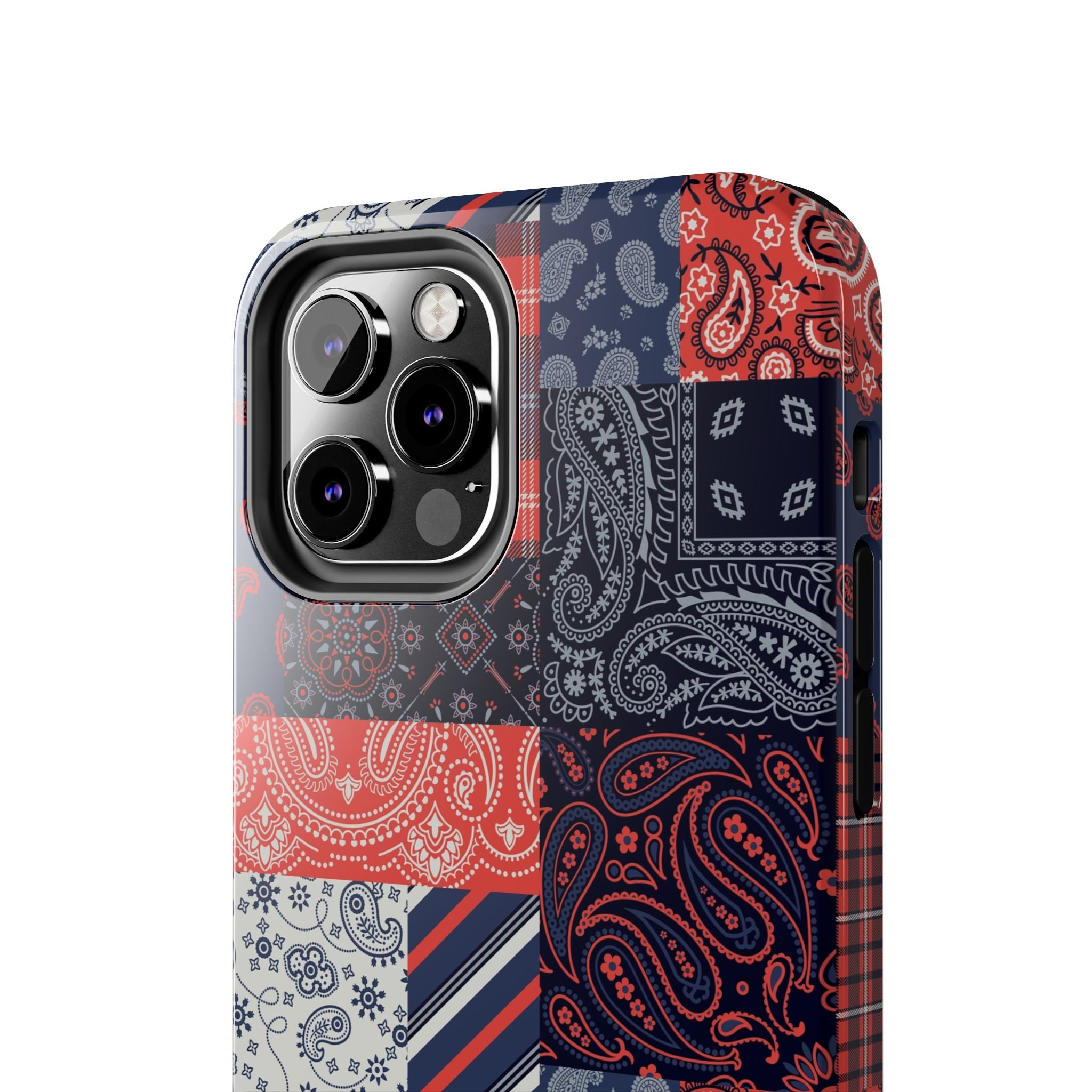 Bandana patchwork iPhone 14 Pro case with boho design. Colorful and cute phone case perfect for bookish and style-conscious individuals.