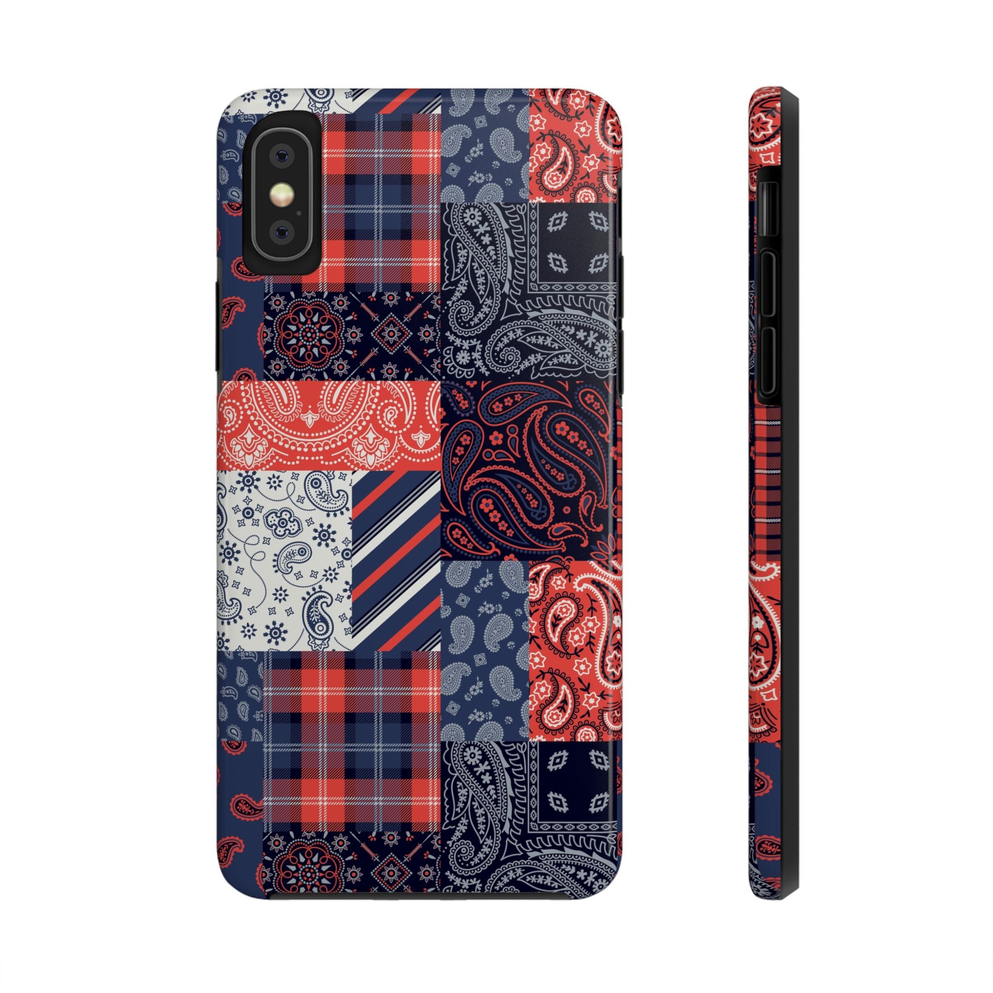 Boho Bandit bandana patchwork iPhone case, cute phone case for iPhone 14 Pro, bookish phone case with playful patchwork design