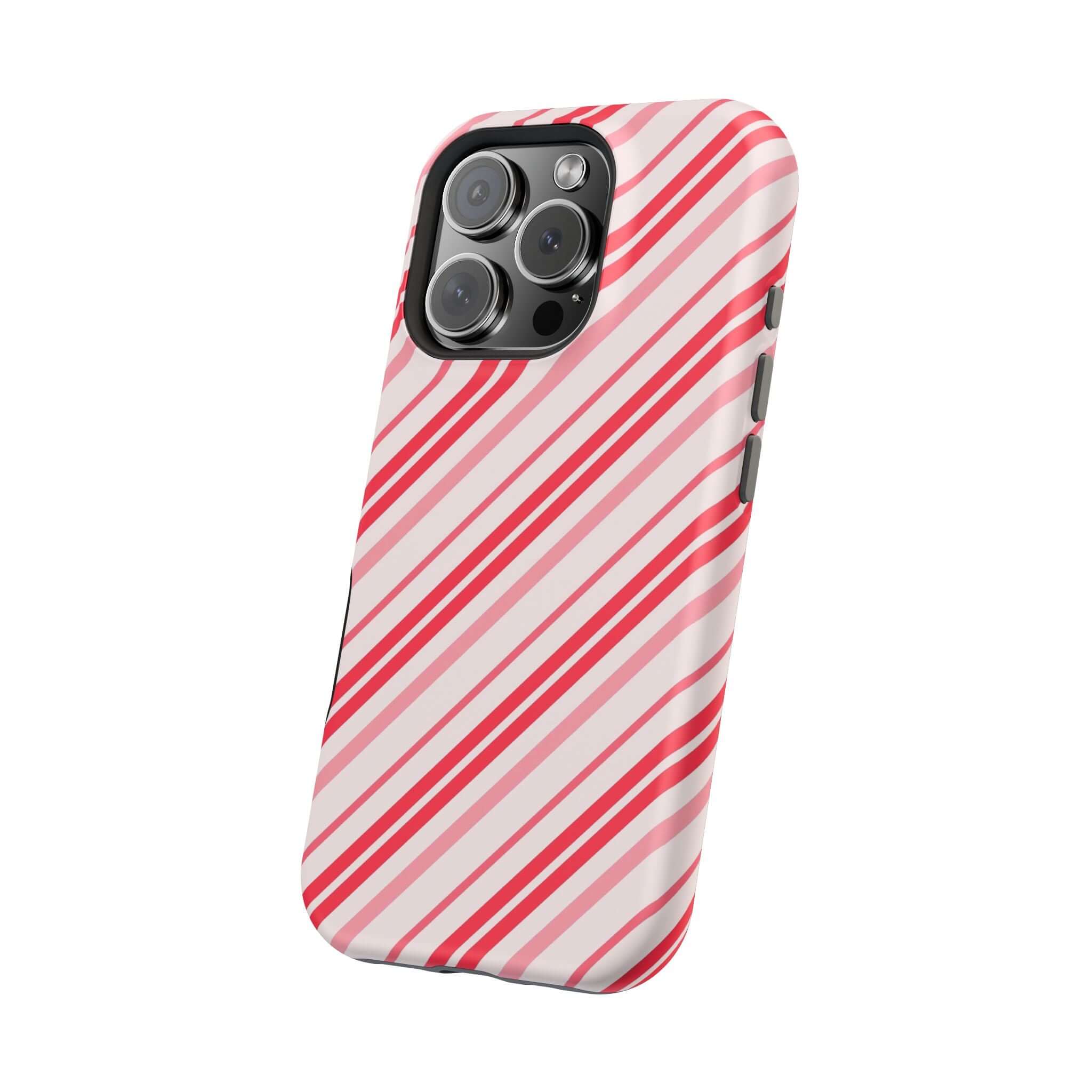 Festive candy cane design MagSafe case for Christmas, offering cute and convenient holiday phone cover with red and white stripes.