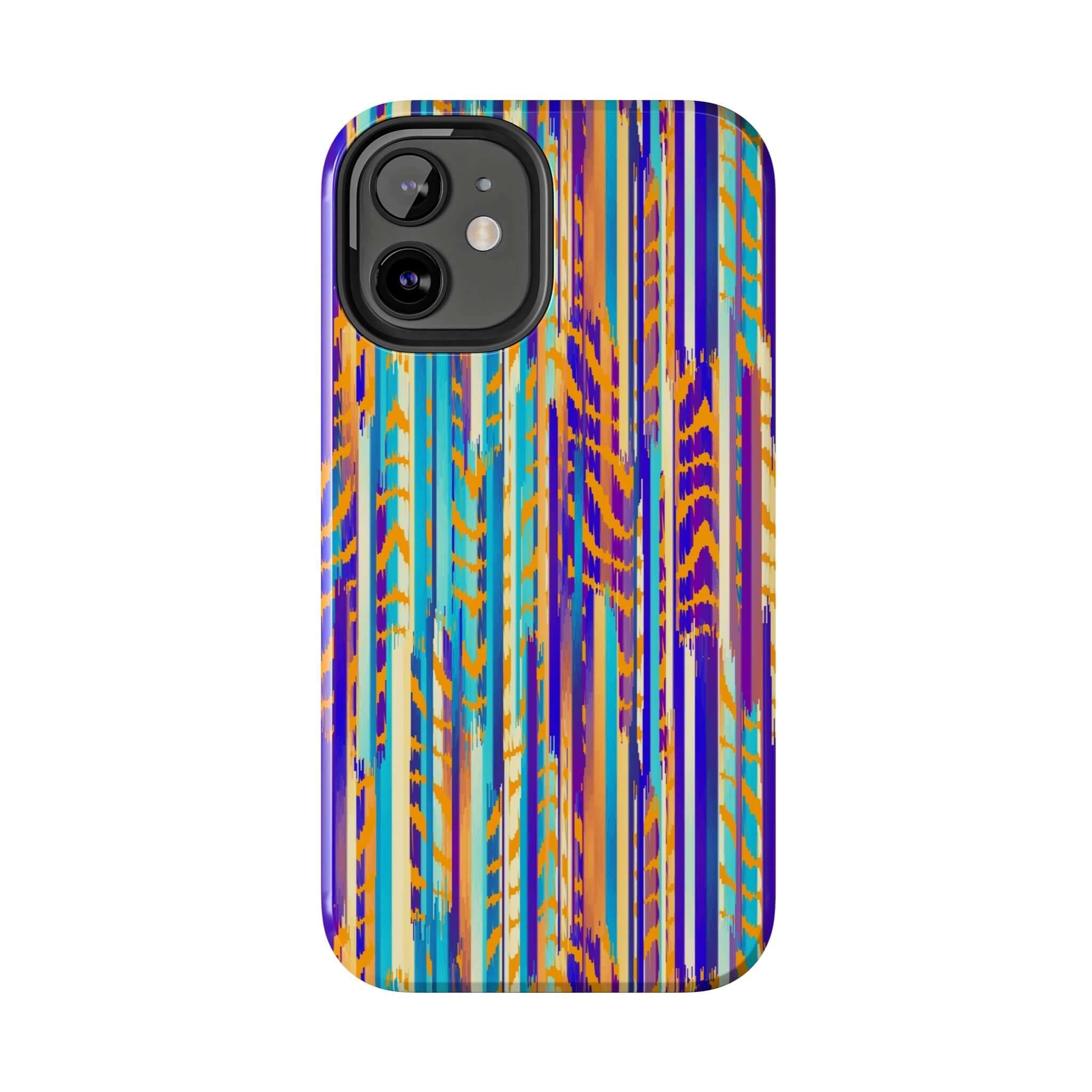 Colorful iPhone case with abstract tie dye design, featuring vibrant vertical stripes in blue, purple, and orange.