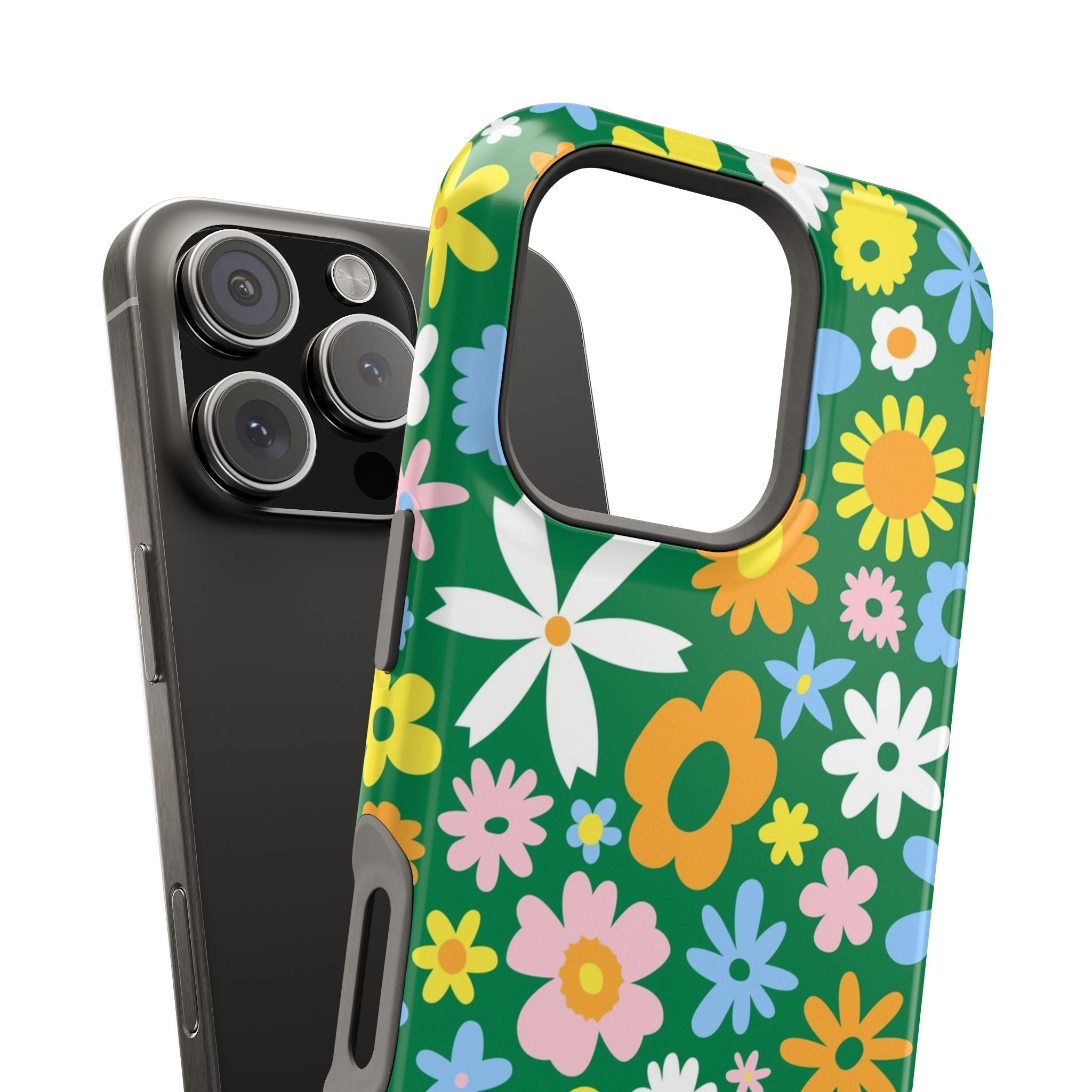 Vibrant floral MagSafe iPhone case with colorful hippie design on green background, perfect cute phone cover for flower power enthusiasts.