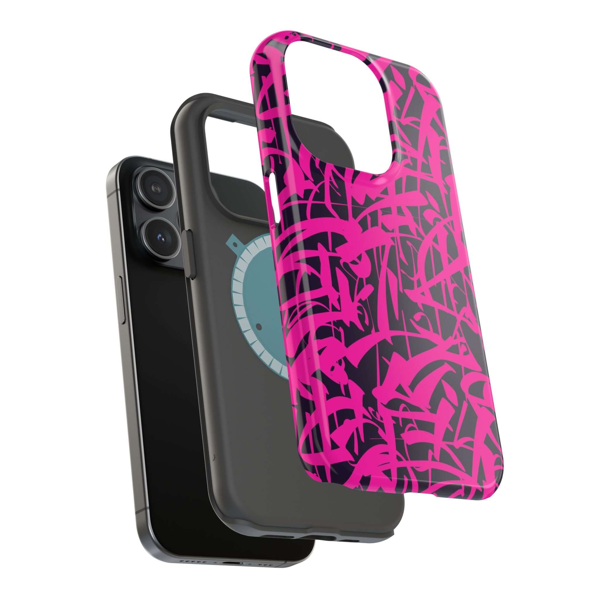 Colorful Midnight Pop Pink Art Case with black phone cover, showcasing artistic design for stylish iPhone protection.