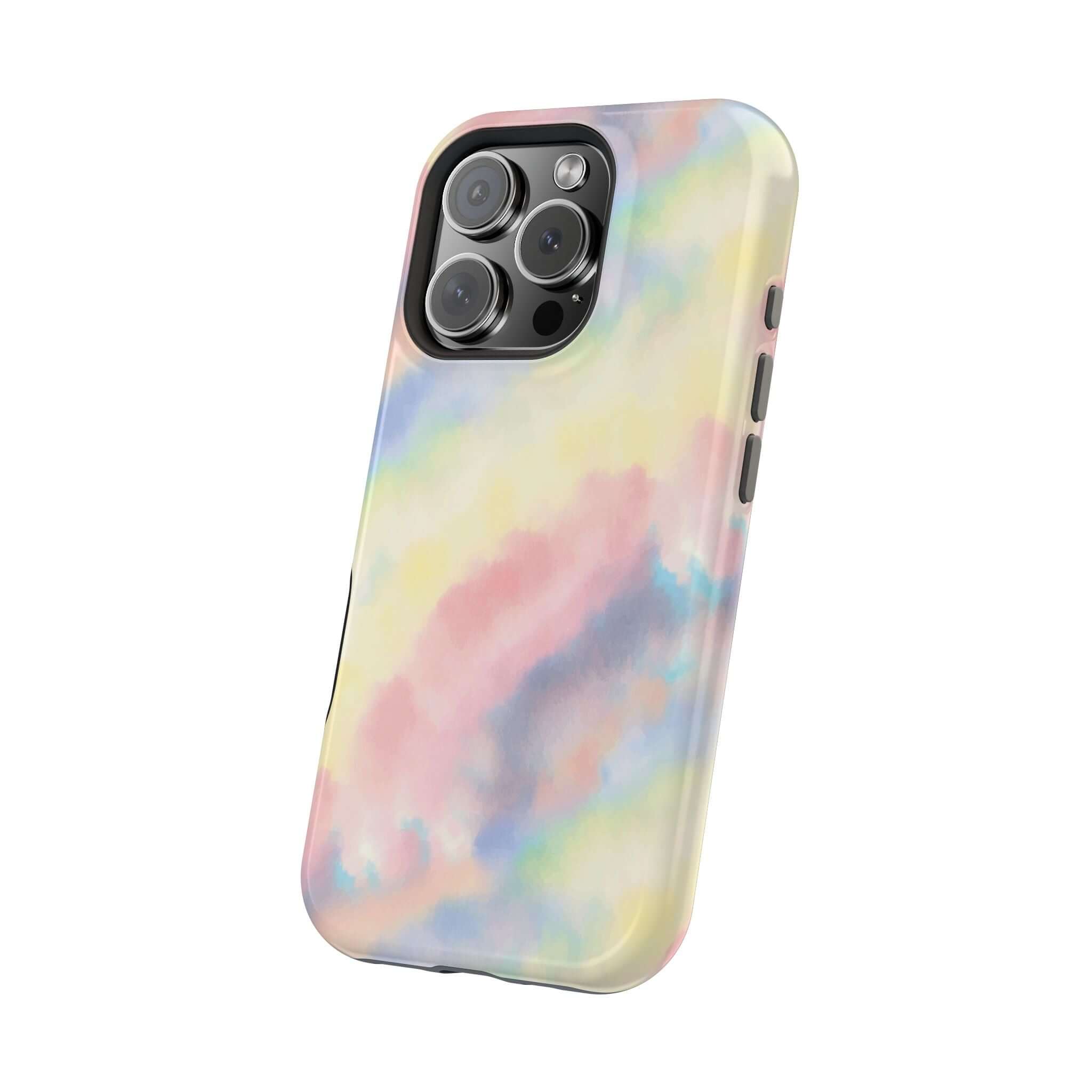 Cute iPhone case with pastel tie dye design and MagSafe compatibility, custom phone case for stylish tech accessories.