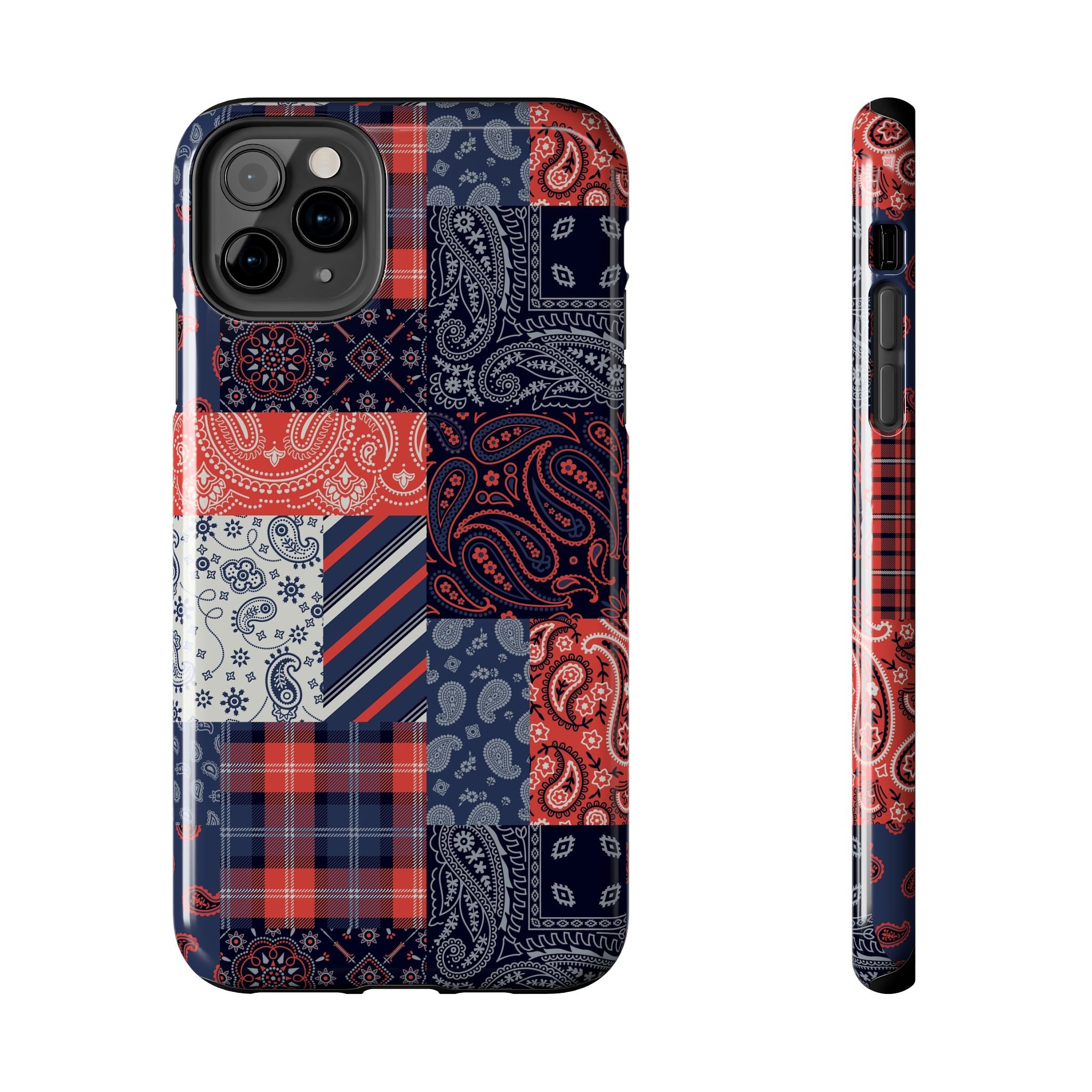 Boho Bandit Bandana Patchwork iPhone 14 Pro Case - Cute Bookish Phone Case with Red, Blue, and White Patchwork Design.