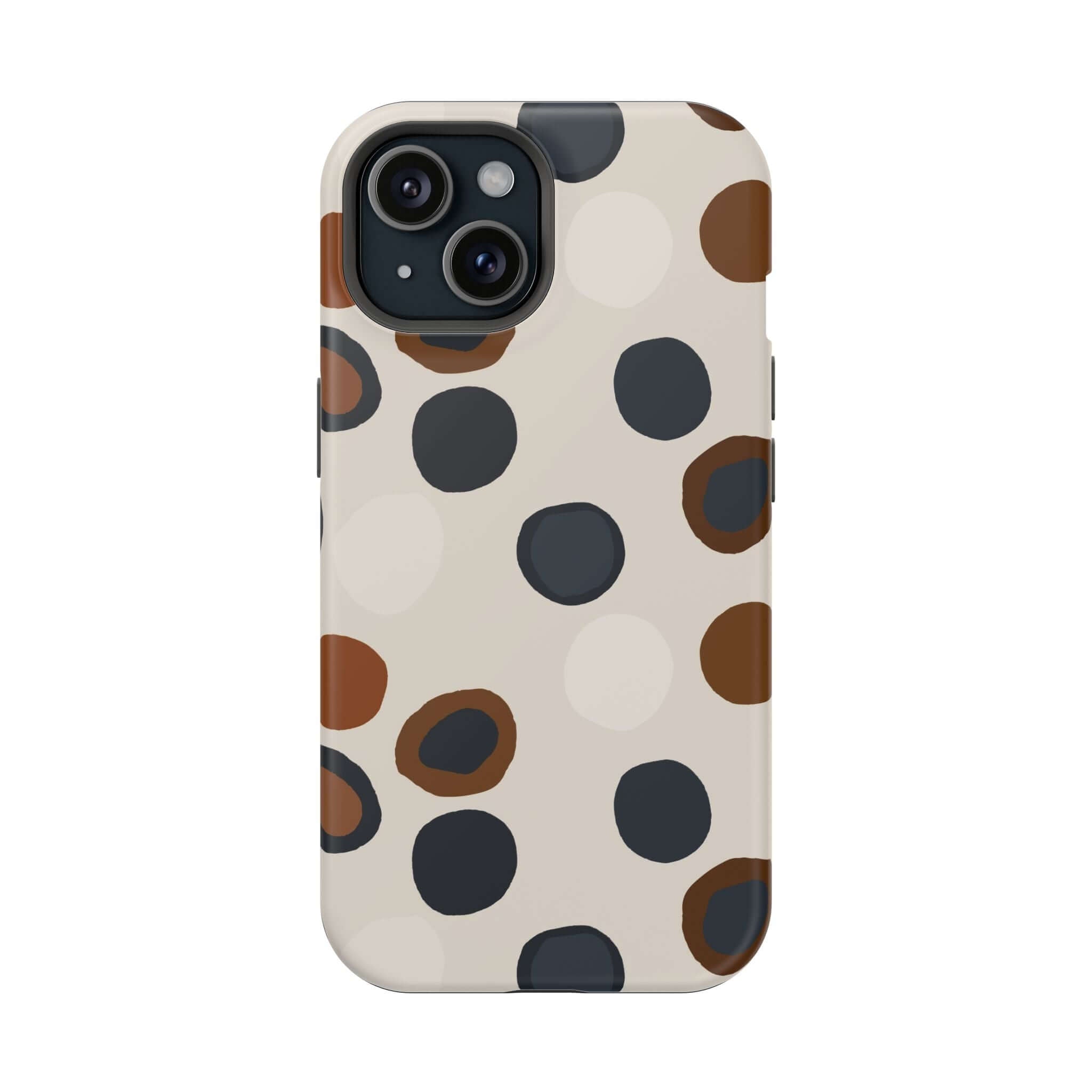 Chic Wanderer Modern Spots Case for iPhone with colorful abstract brown dots, cute MagSafe design for fashion-forward adventurers.