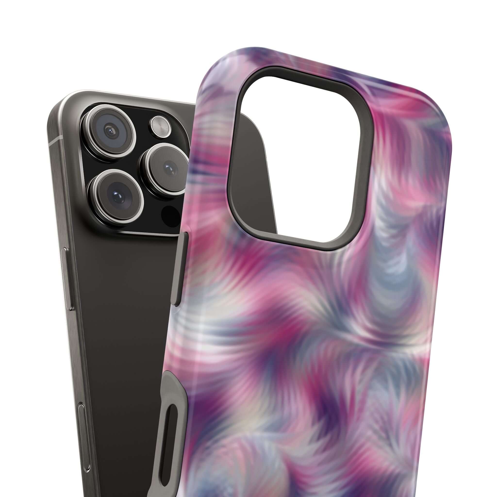 Purple abstract tie dye MagSafe iPhone case with quirky swirl design, cute phone cover with floral vibe for playful personality.