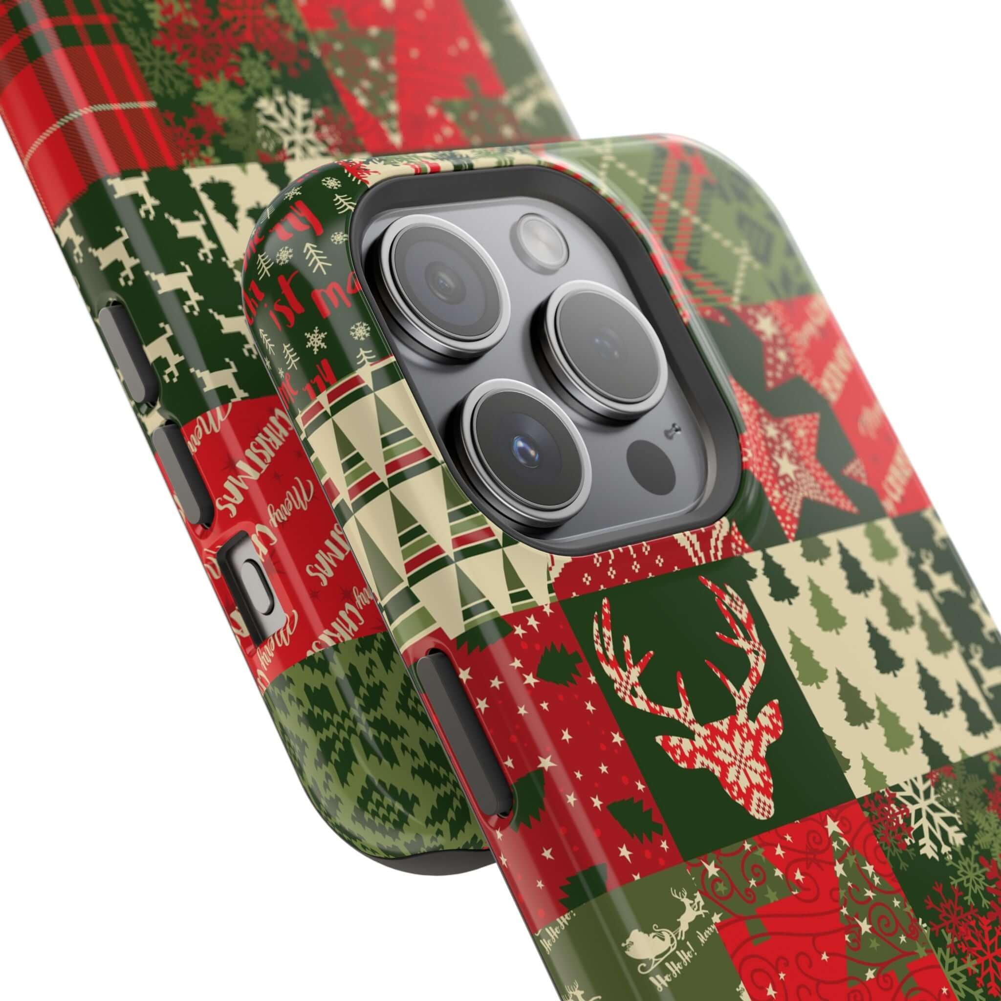 Christmas-themed MagSafe phone case with festive quilt design, featuring reindeer and holiday patterns. Perfect holiday gift.