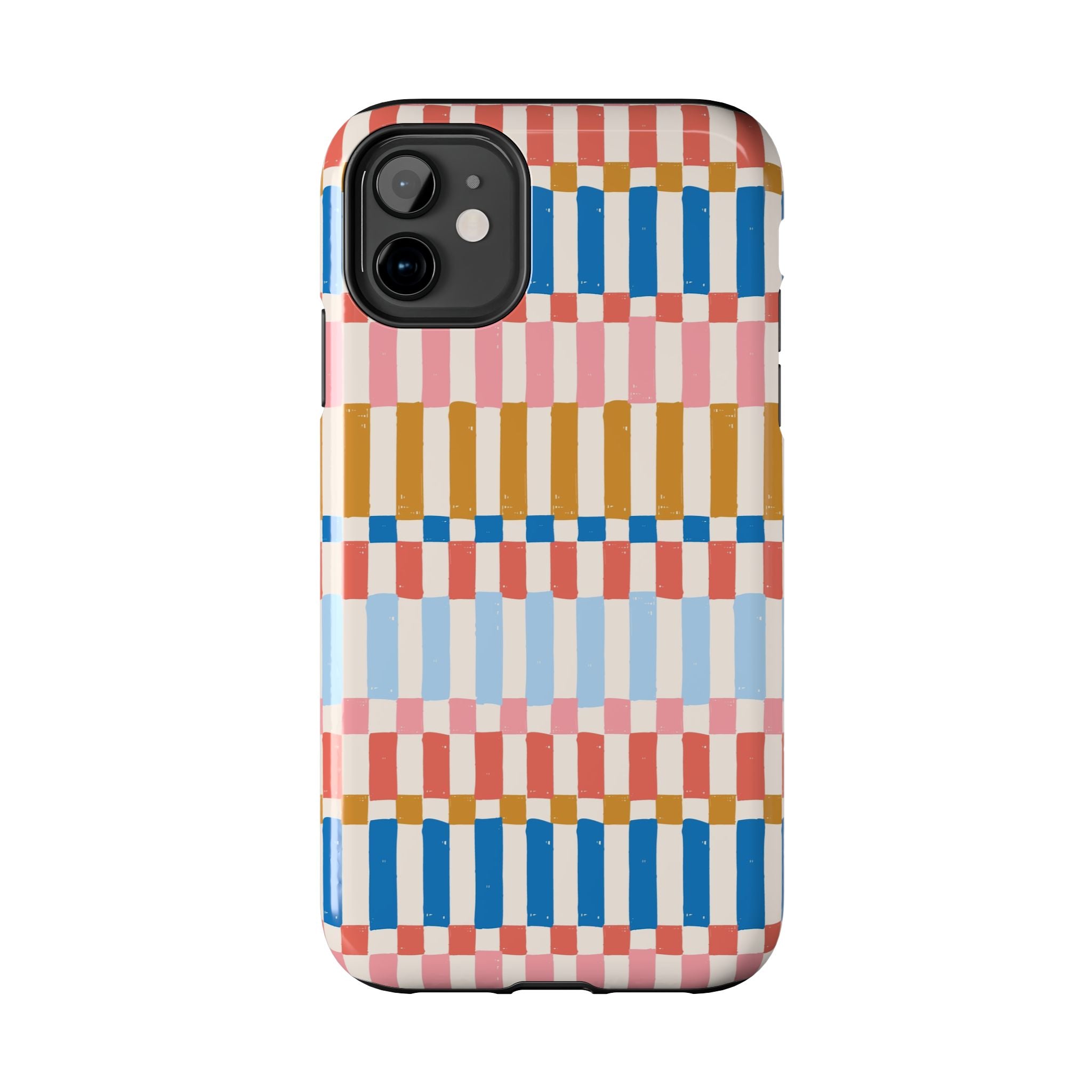 Colorwave Stripes vintage iPhone case with vibrant multi-color stripes, showcasing colorful and cute phone protection for iPhone.