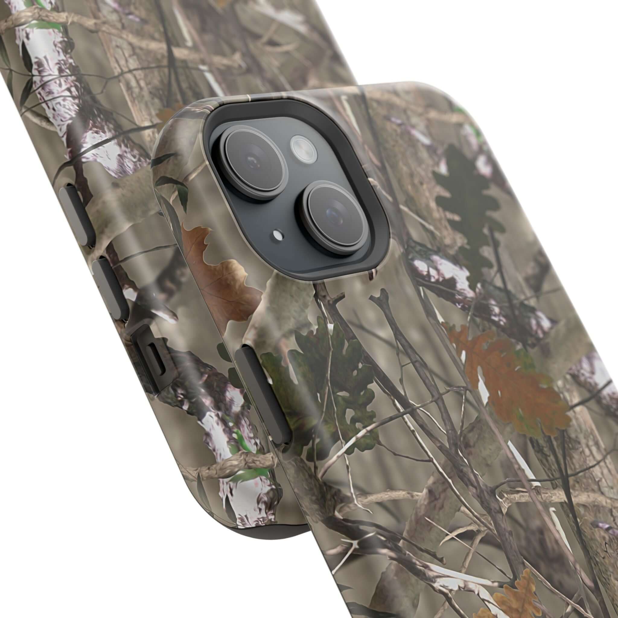 Forest camo MagSafe iPhone case with animal print design, offering stylish protection for modern phone users.