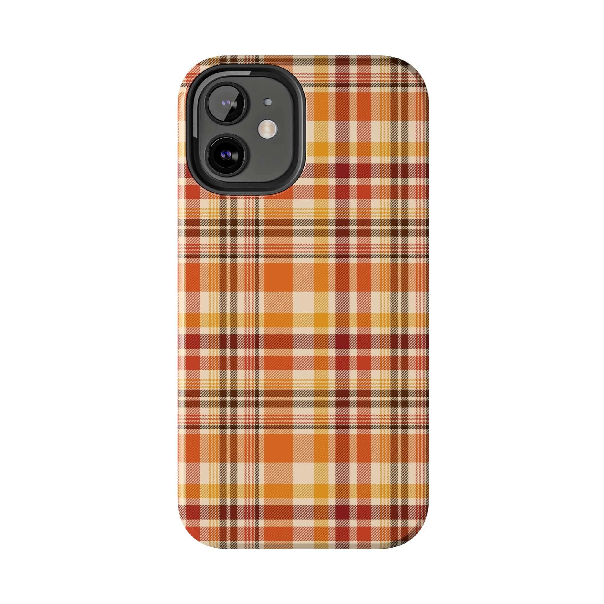 Halloween phone case with autumnal plaid design, cute fall iPhone case perfect for the autumn season and beyond.