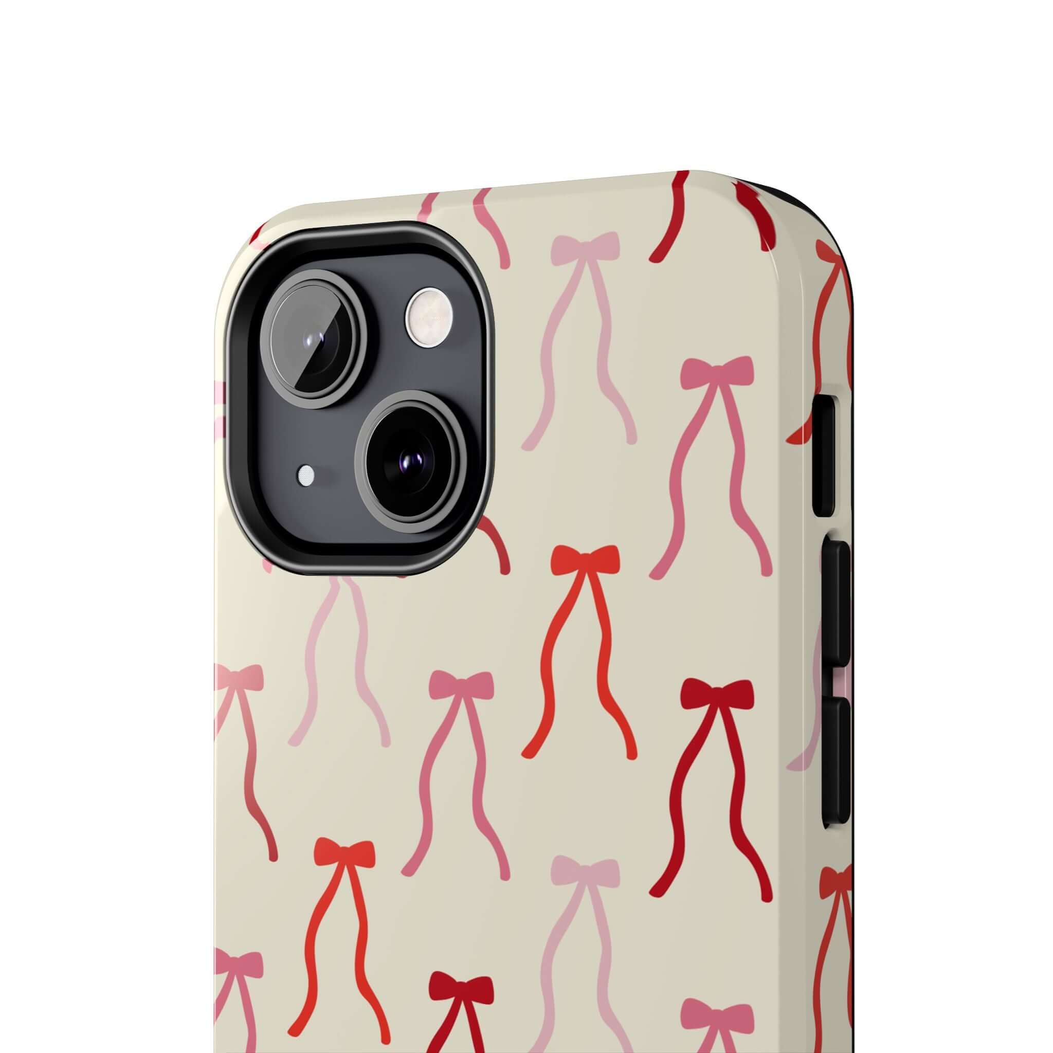 Beige Coquette iPhone 16 Case with Red Bows, Cute Phone Case Design