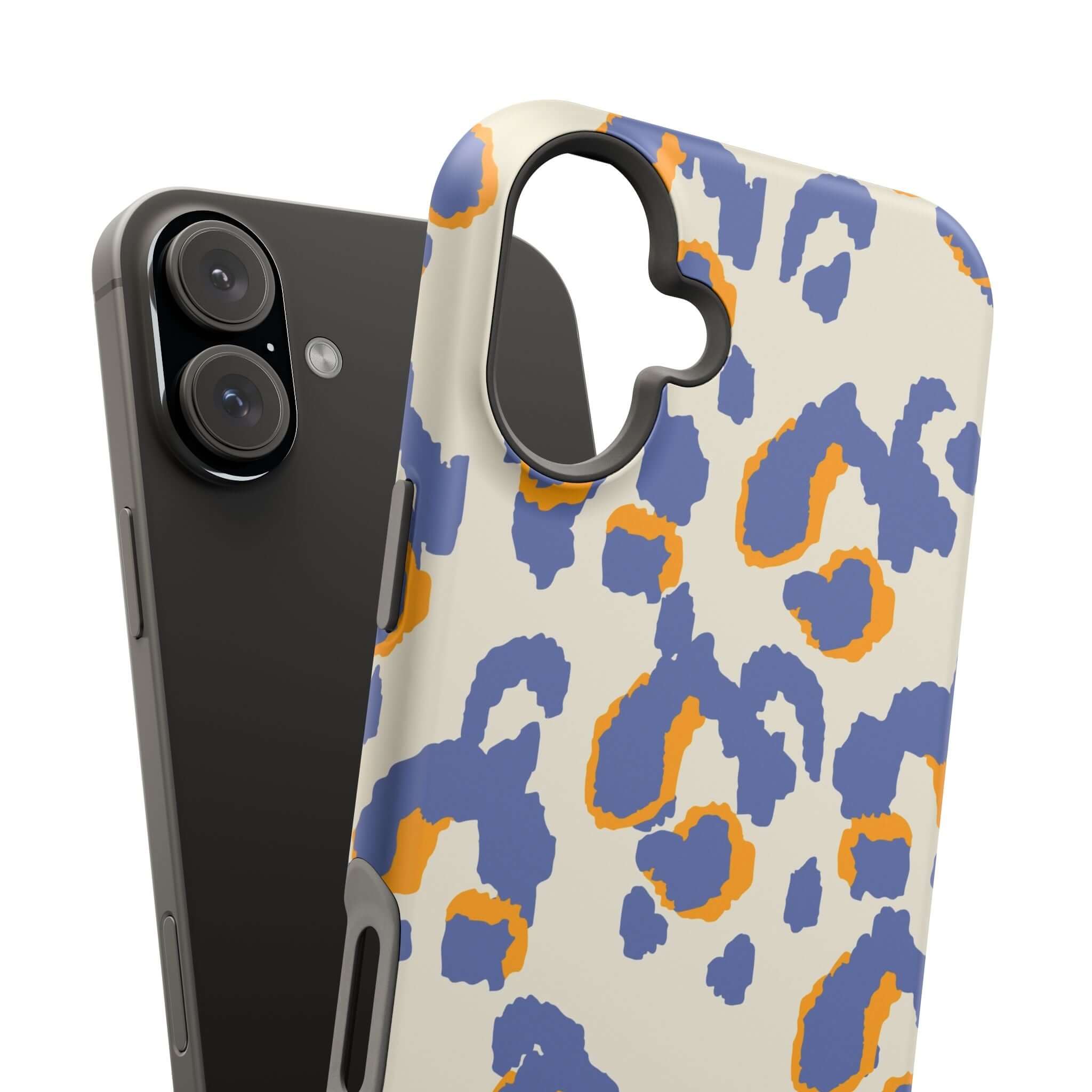 Blue leopard print colorful iPhone case with abstract design, featuring a cute and stylish MagSafe phone protection.