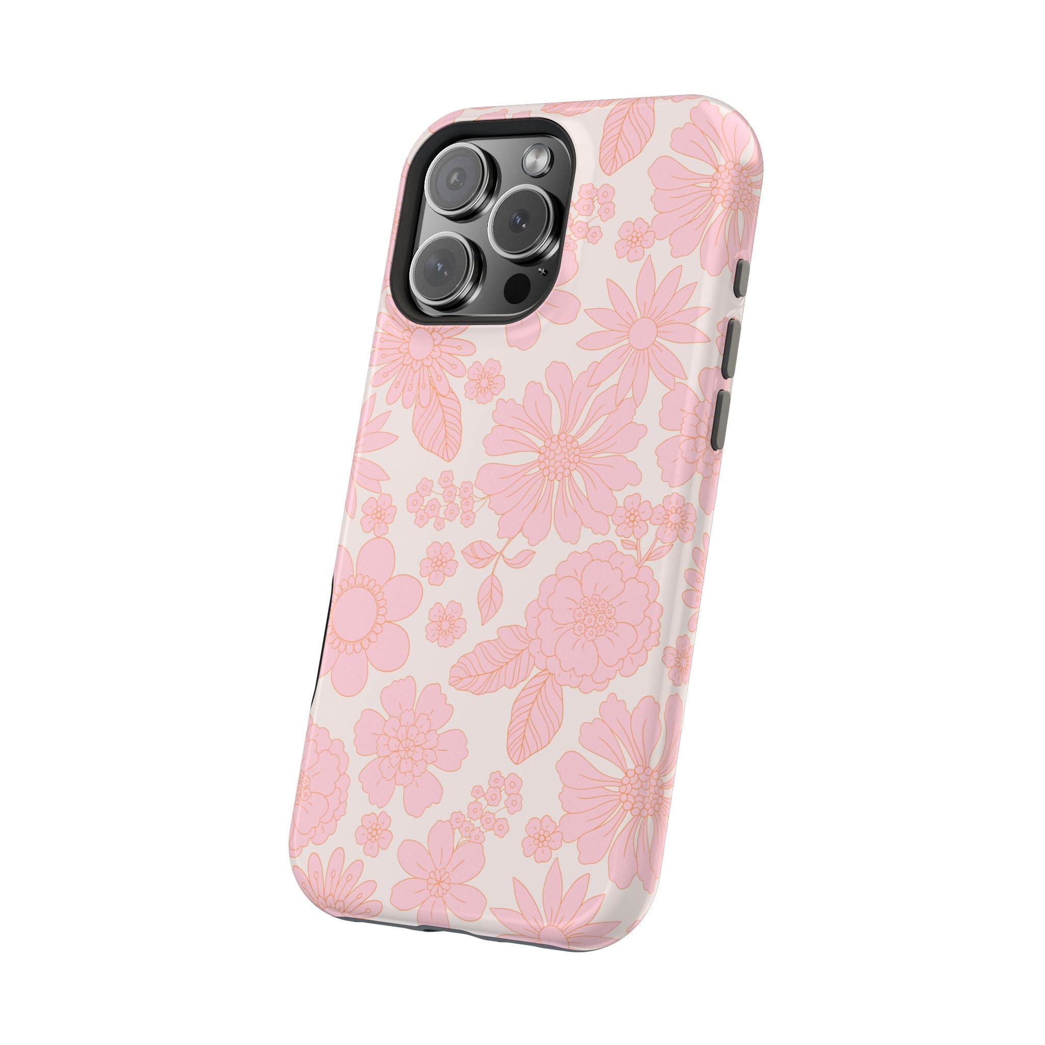 Pink floral iPhone 16 case, Charming Petals design, cute phone cover with MagSafe, cottagecore aesthetic phone accessory.