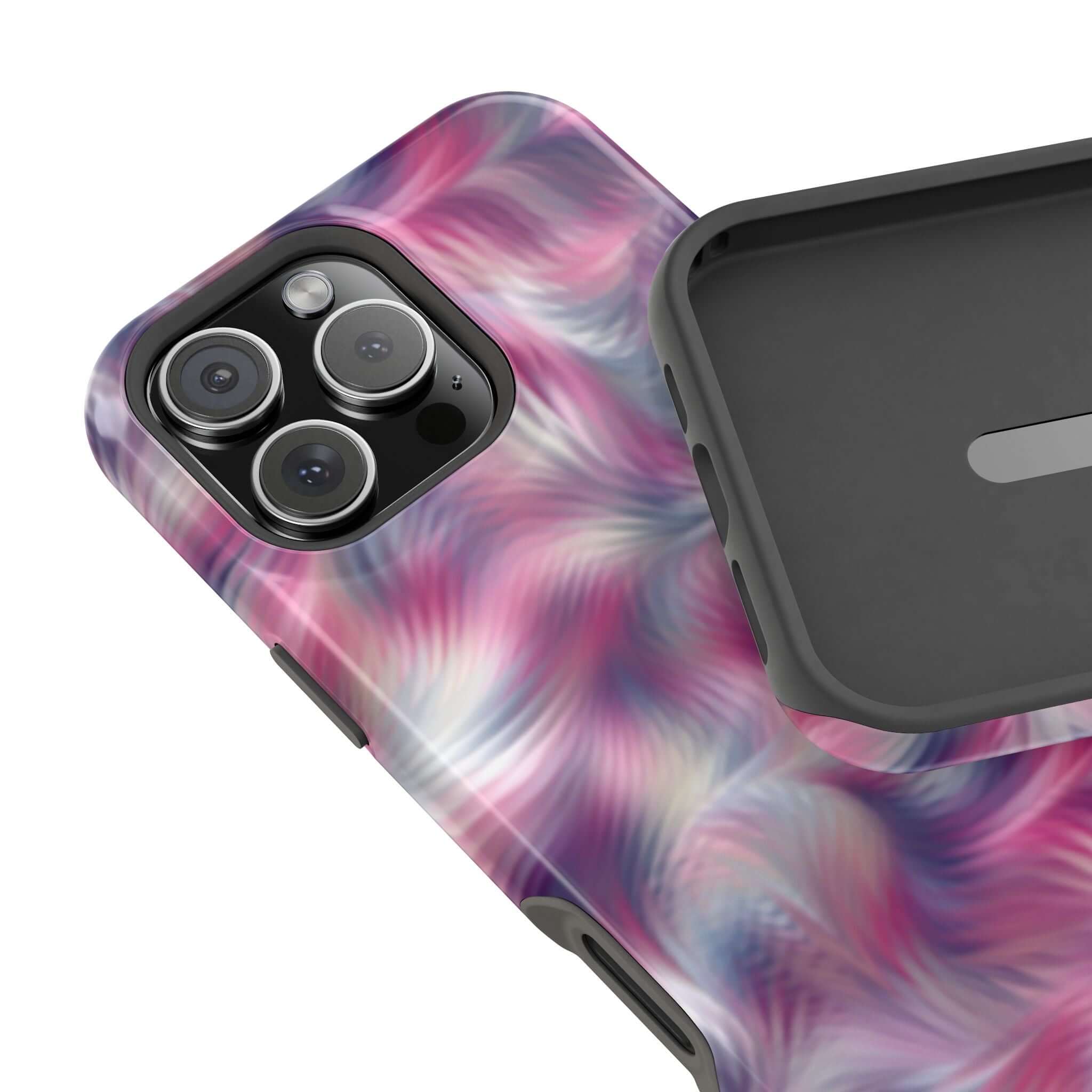 Purple abstract MagSafe iPhone case with tie dye swirl design, a cute floral phone cover to showcase playful personality.