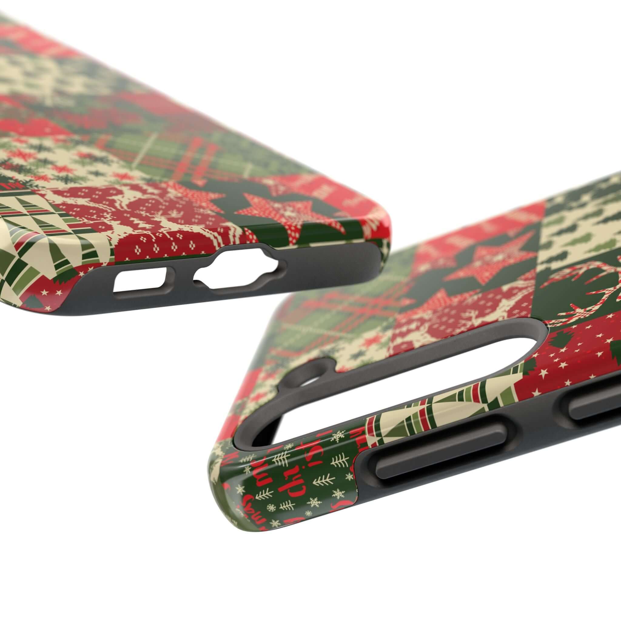 Cute iPhone Case with green holiday quilt design, featuring Christmas trees and festive motifs for a cozy, stylish winter look.