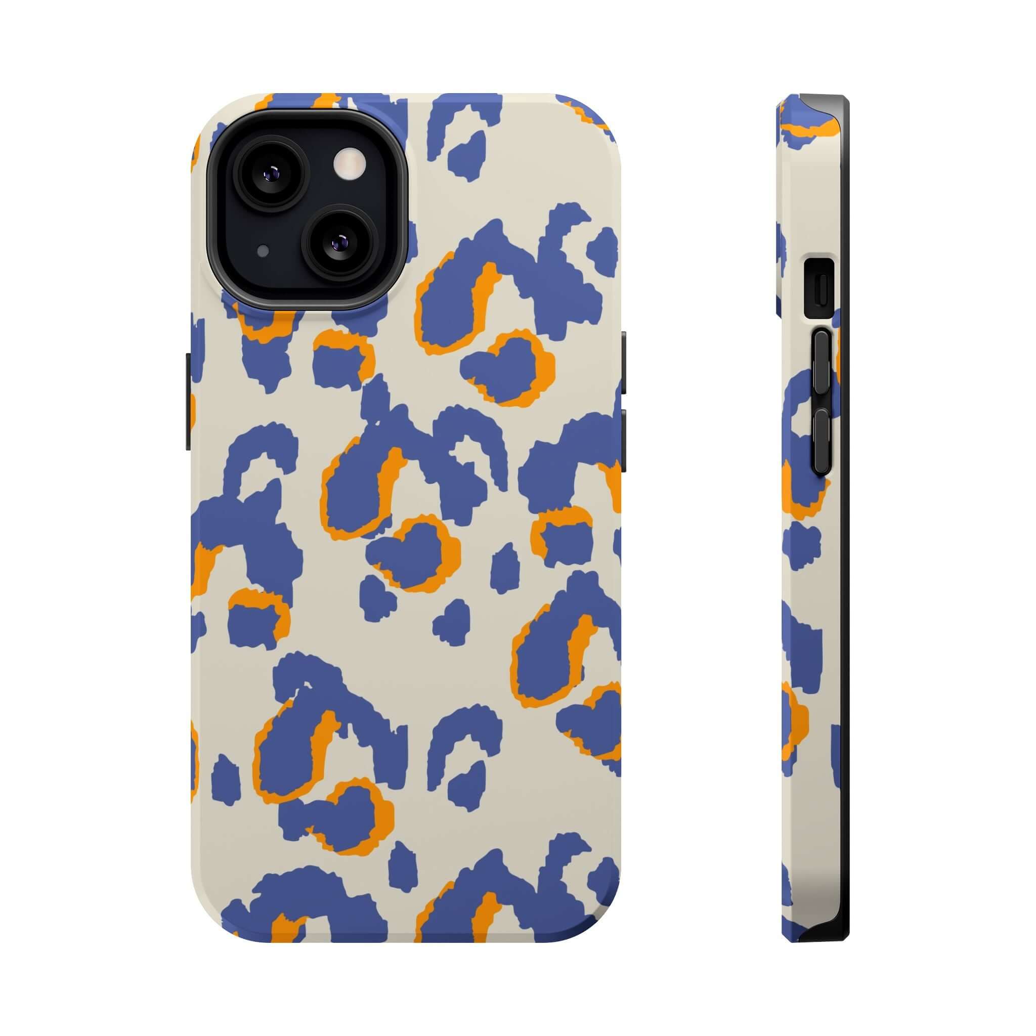 Blue leopard print MagSafe case for iPhone with colorful abstract design. Stylish and cute phone protection accessory.