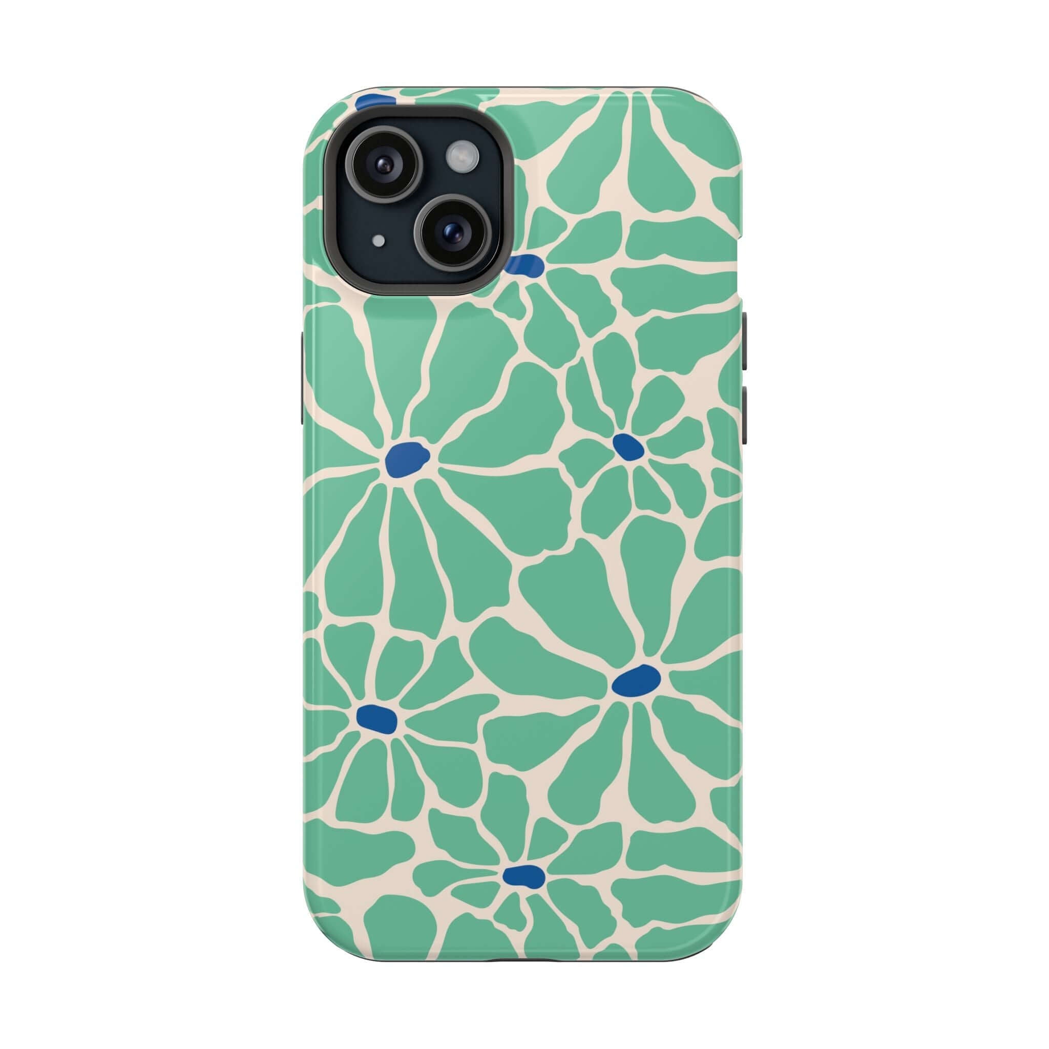 Cute Retro Floral iPhone Case with tropical flower design in green and blue, perfect for stylish phone protection.