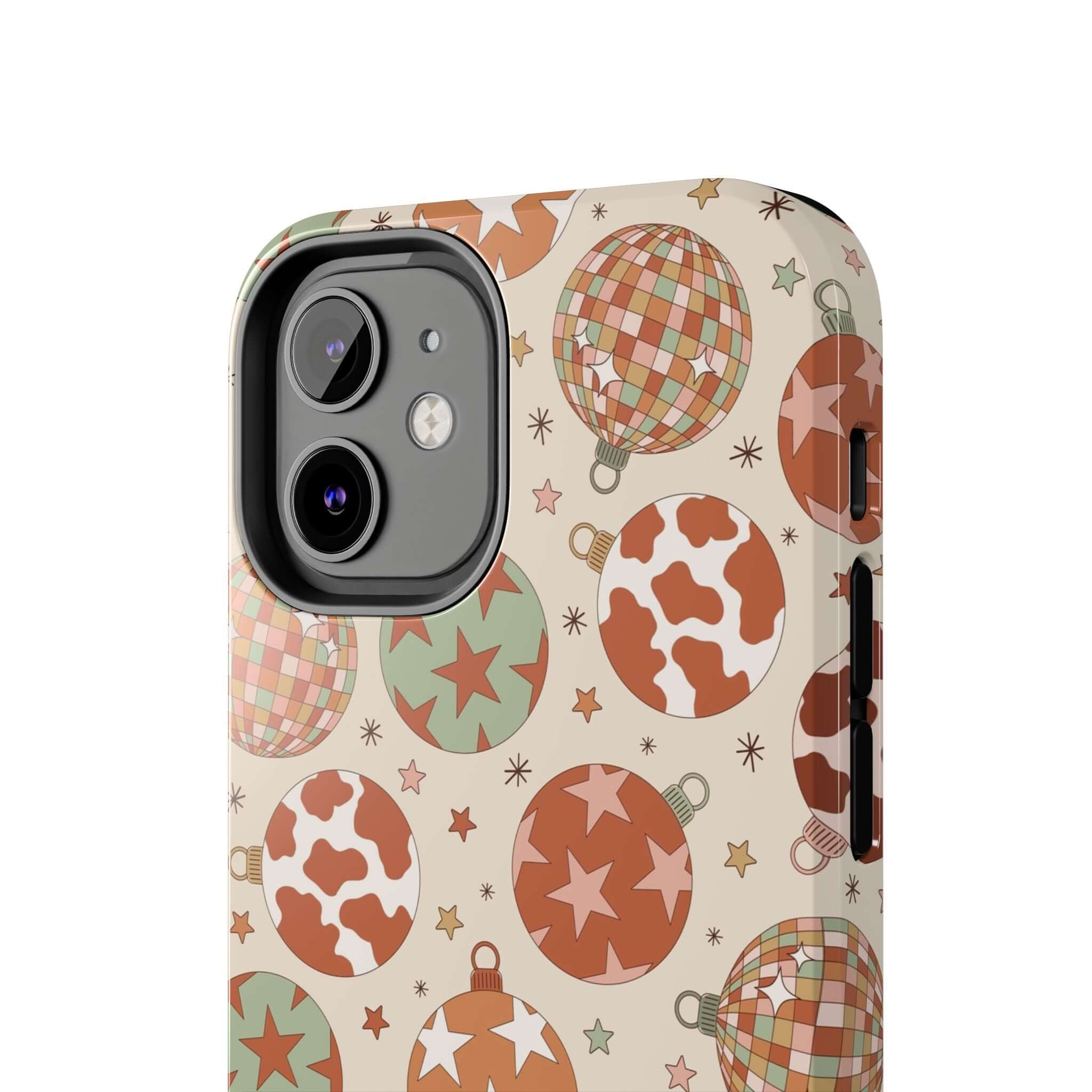 Cute iPhone case with Western Christmas pattern, featuring colorful ornaments and cow print design, perfect holiday phone cover.