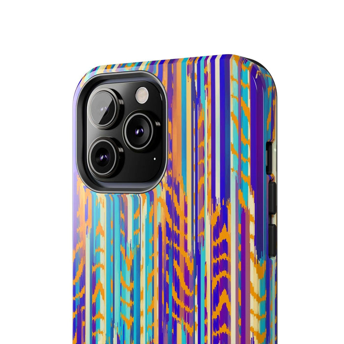 Colorful tie dye iPhone case with abstract pattern, featuring vibrant orange, blue, and purple stripes.