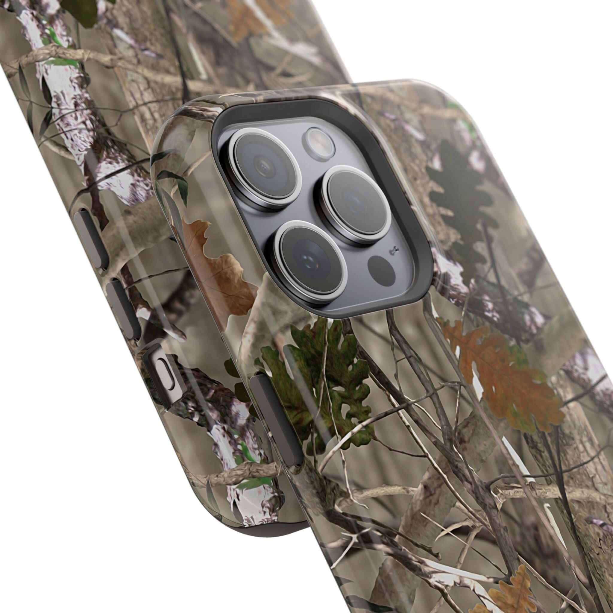 Forest camo phone case with MagSafe, cute animal print design for modern iPhone users.