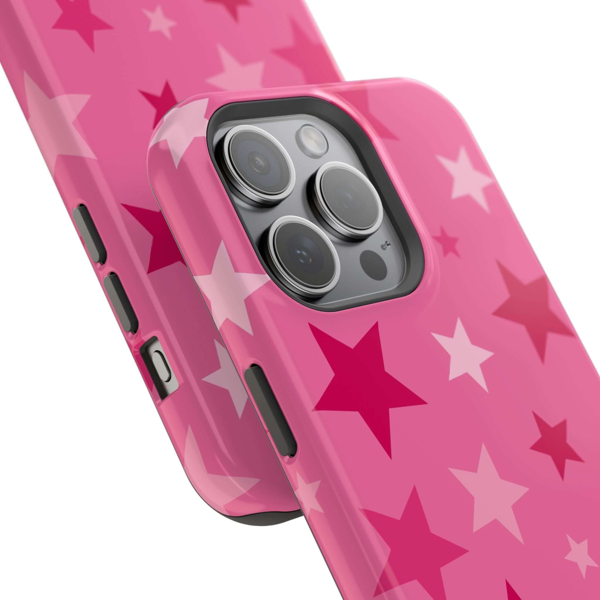 Cute pink iPhone case with star patterns, perfect for adding style and protection to your Apple device.