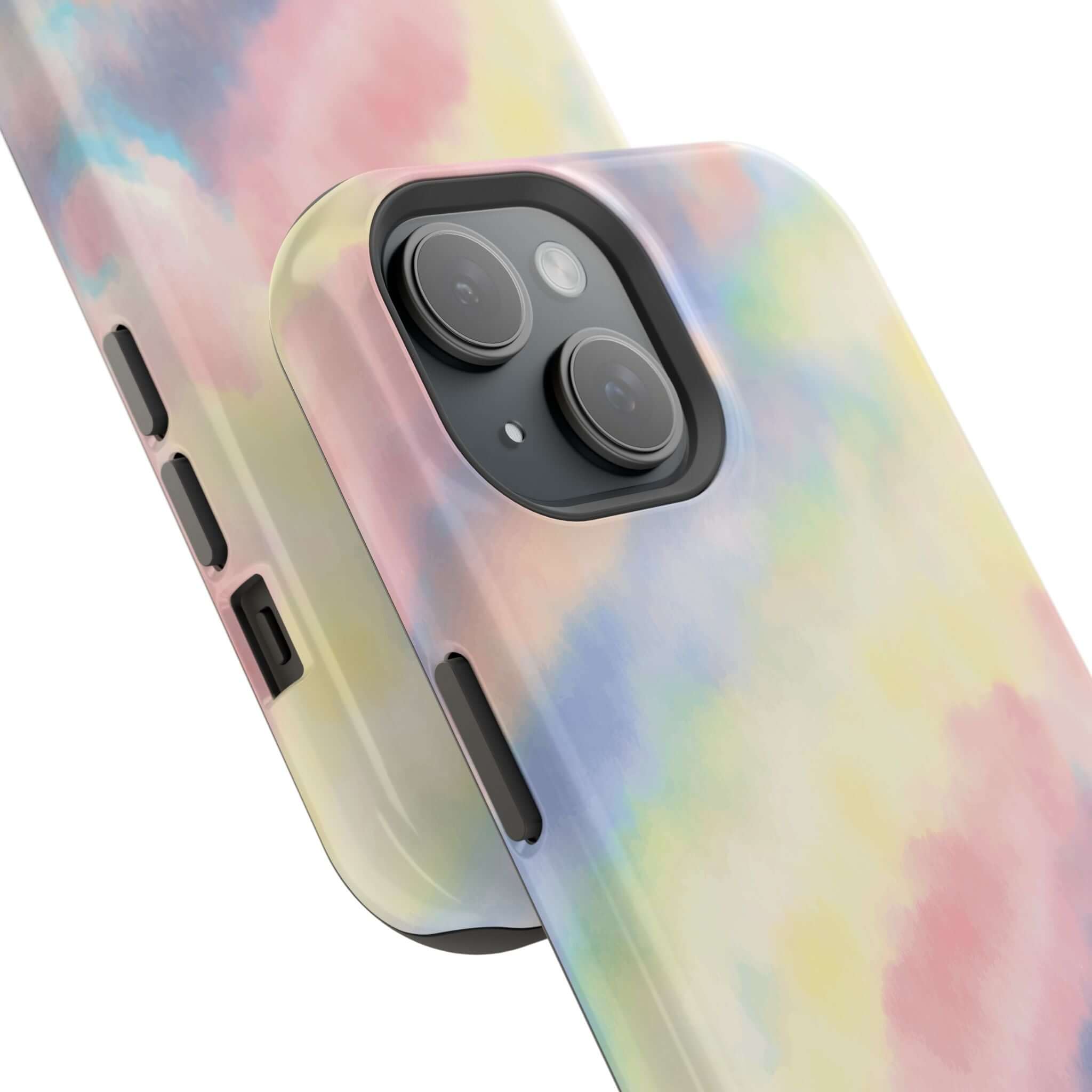 Cute iPhone case with pastel tie dye design, MagSafe compatible. Vibrant phone case design for Unicorn Dreams iPhone cases.