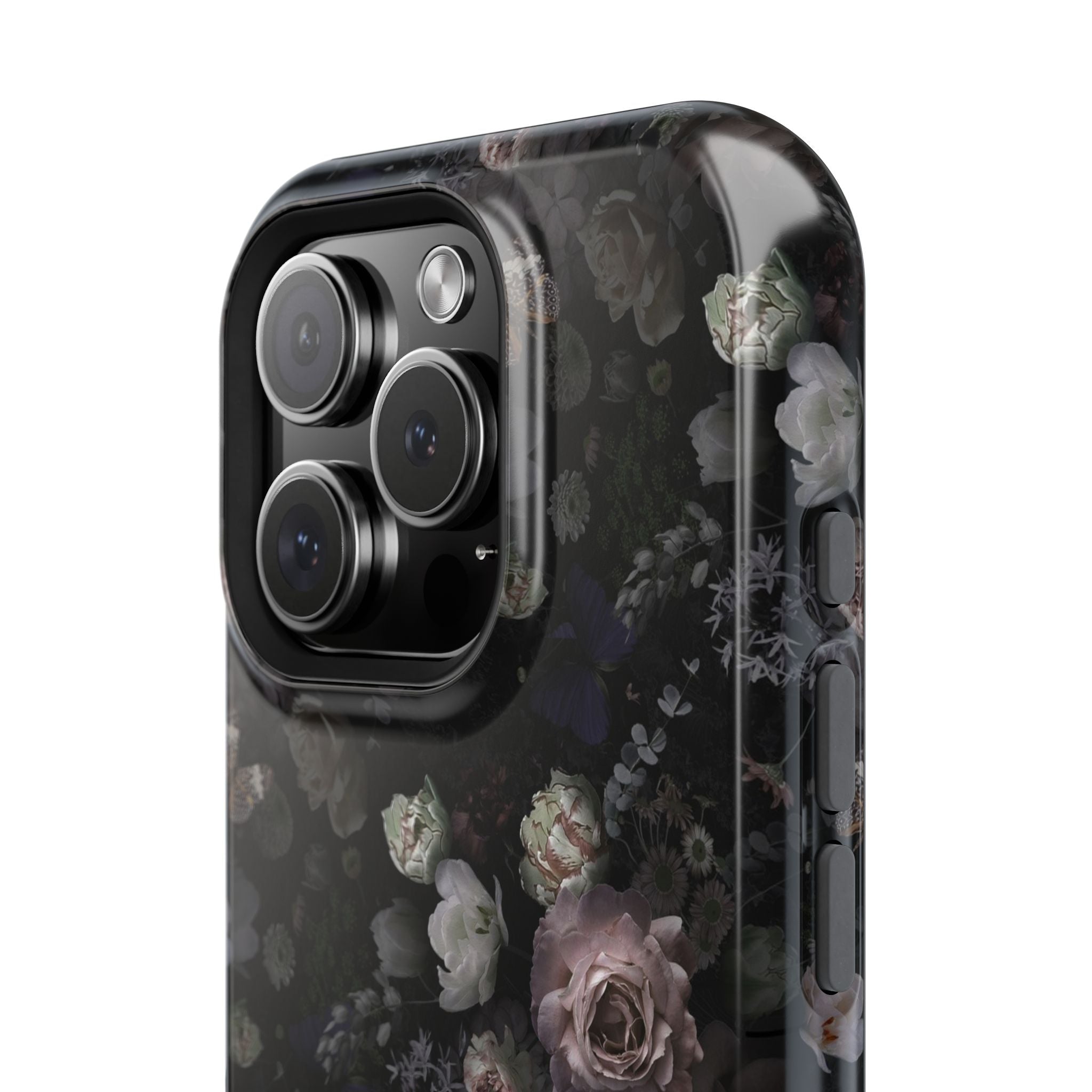 Midnight Curse Black Floral MagSafe iPhone Case with elegant rose design. Cute phone cover for stylish protection.