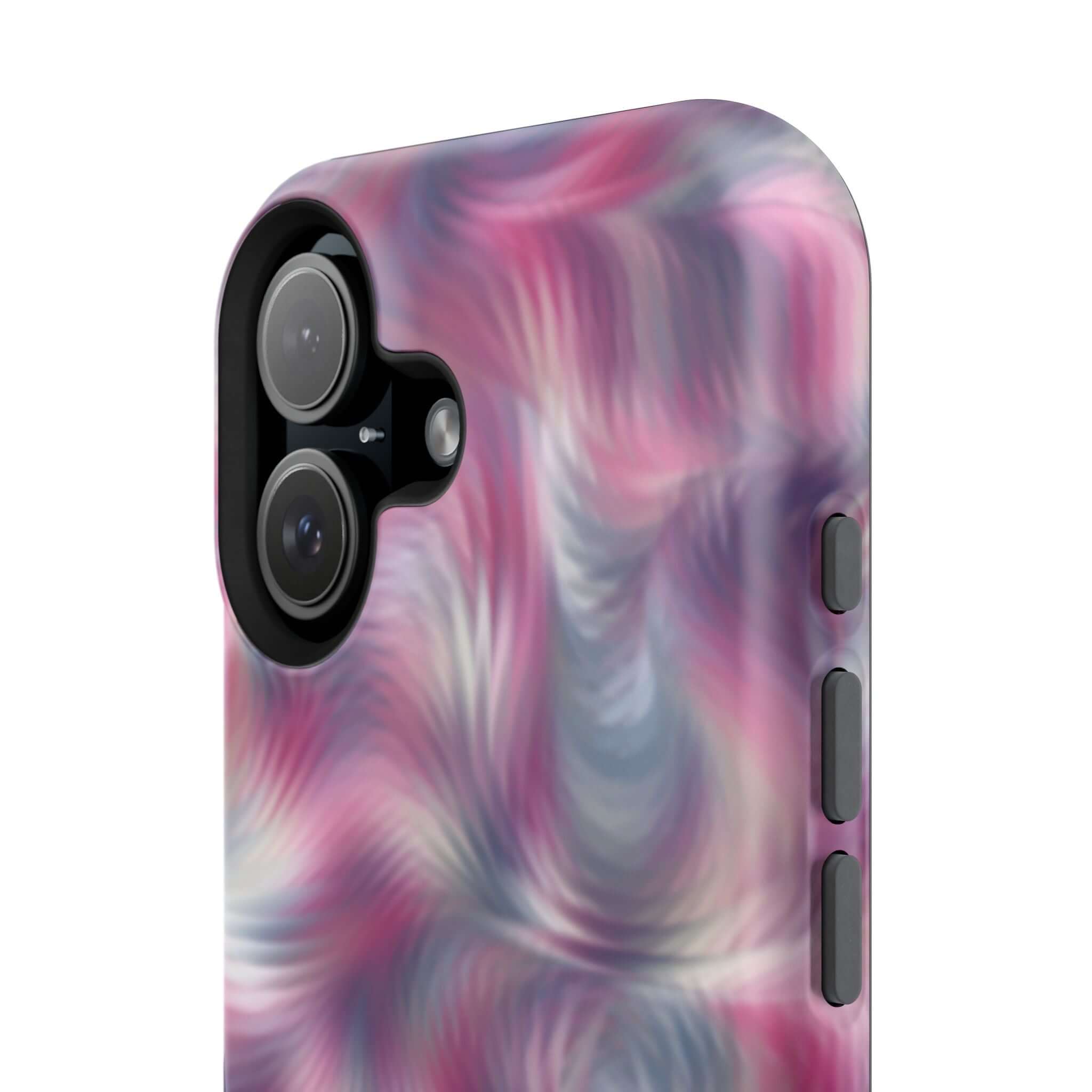 Purple tie dye swirl MagSafe iPhone case with quirky, abstract design; perfect cute phone cover for stylish personality and protection.