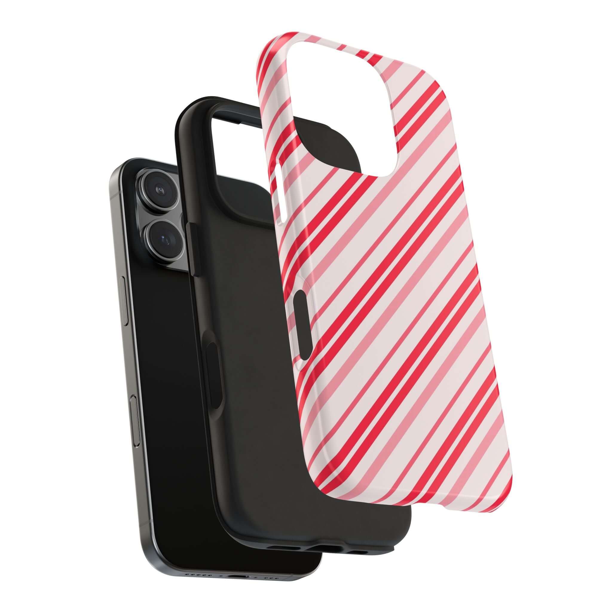 Cute iPhone case with candy cane stripes for holiday season, featuring Christmas design elements. Customizable phone case design.