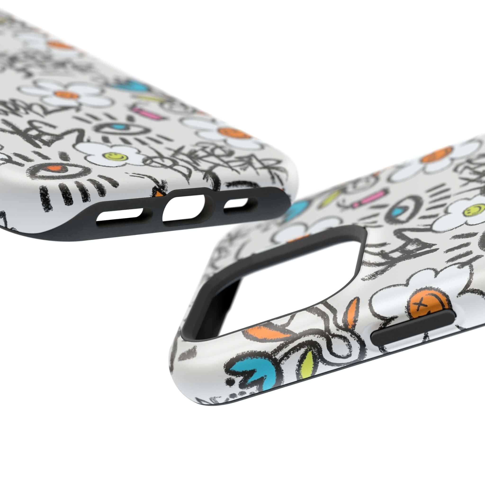 Close-up of the Happy Chaos Floral Graffiti Case showcasing its vibrant design and MagSafe compatibility for iPhone.