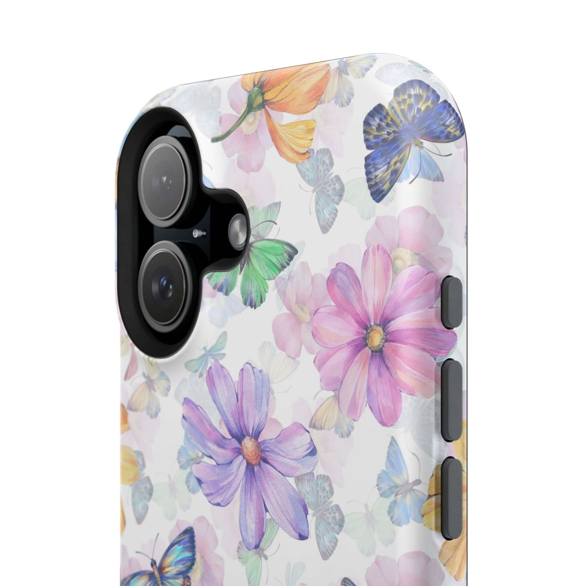 Cute MagSafe iPhone 16 case with watercolor butterfly and flower design, protective phone case