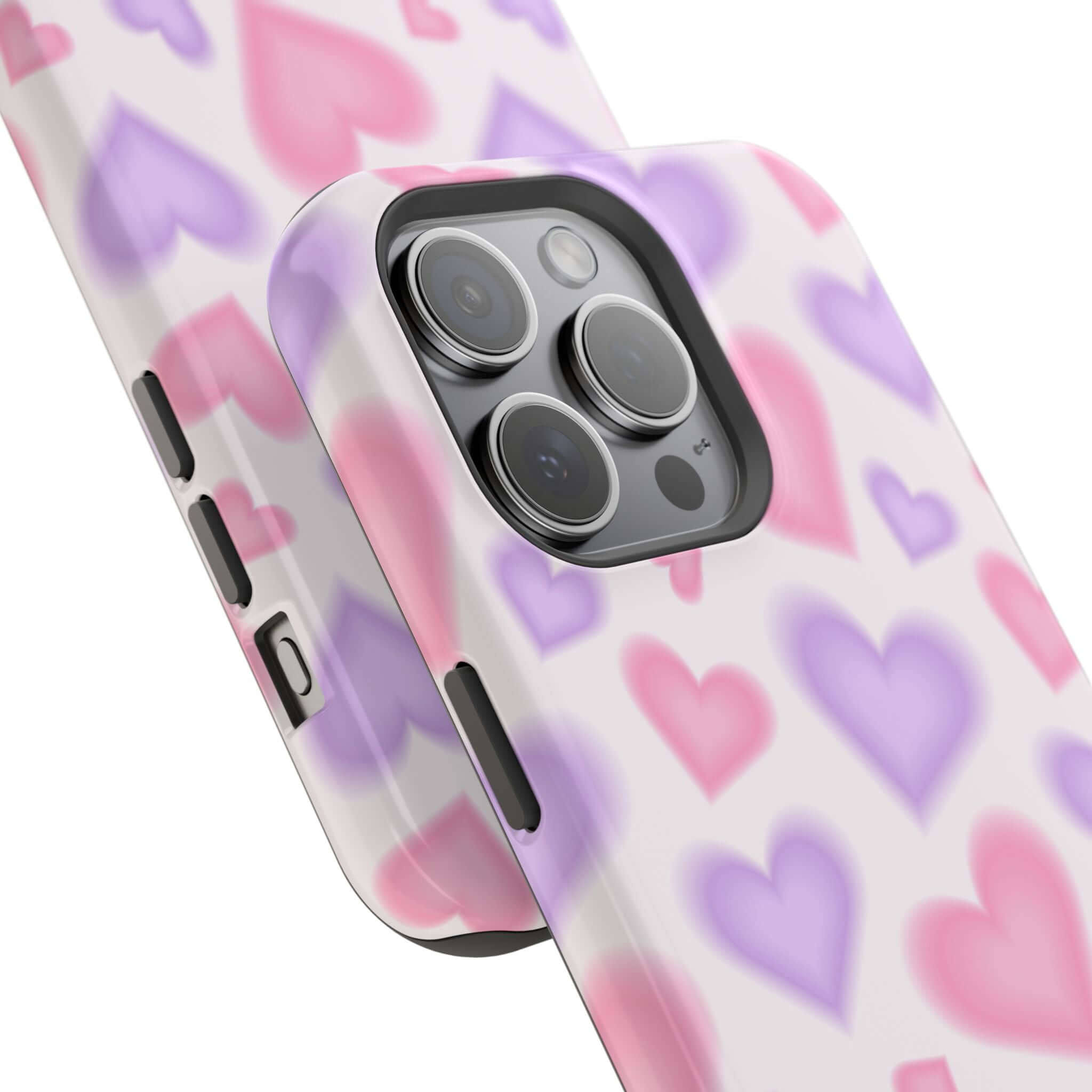 Cute phone cover featuring pink and purple hearts, perfect Apple iPhone case to add love and style to your device.