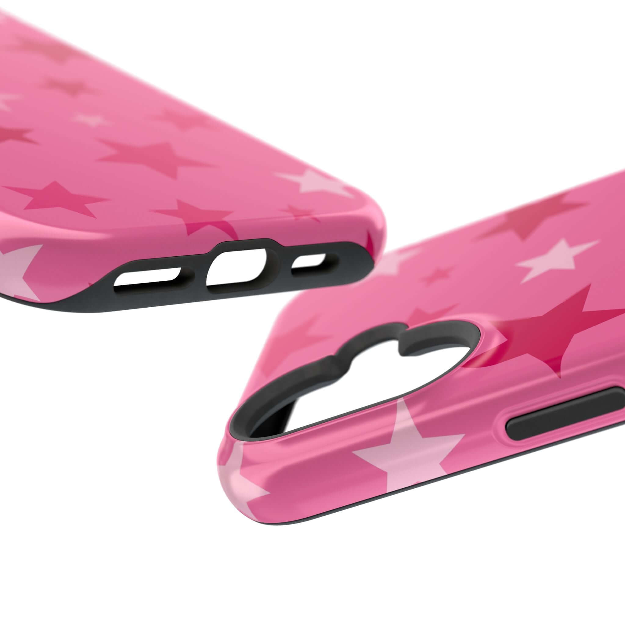 Close-up of the cute Starry Sweetheart pink stars iPhone case, showcasing its stylish design and protective features.