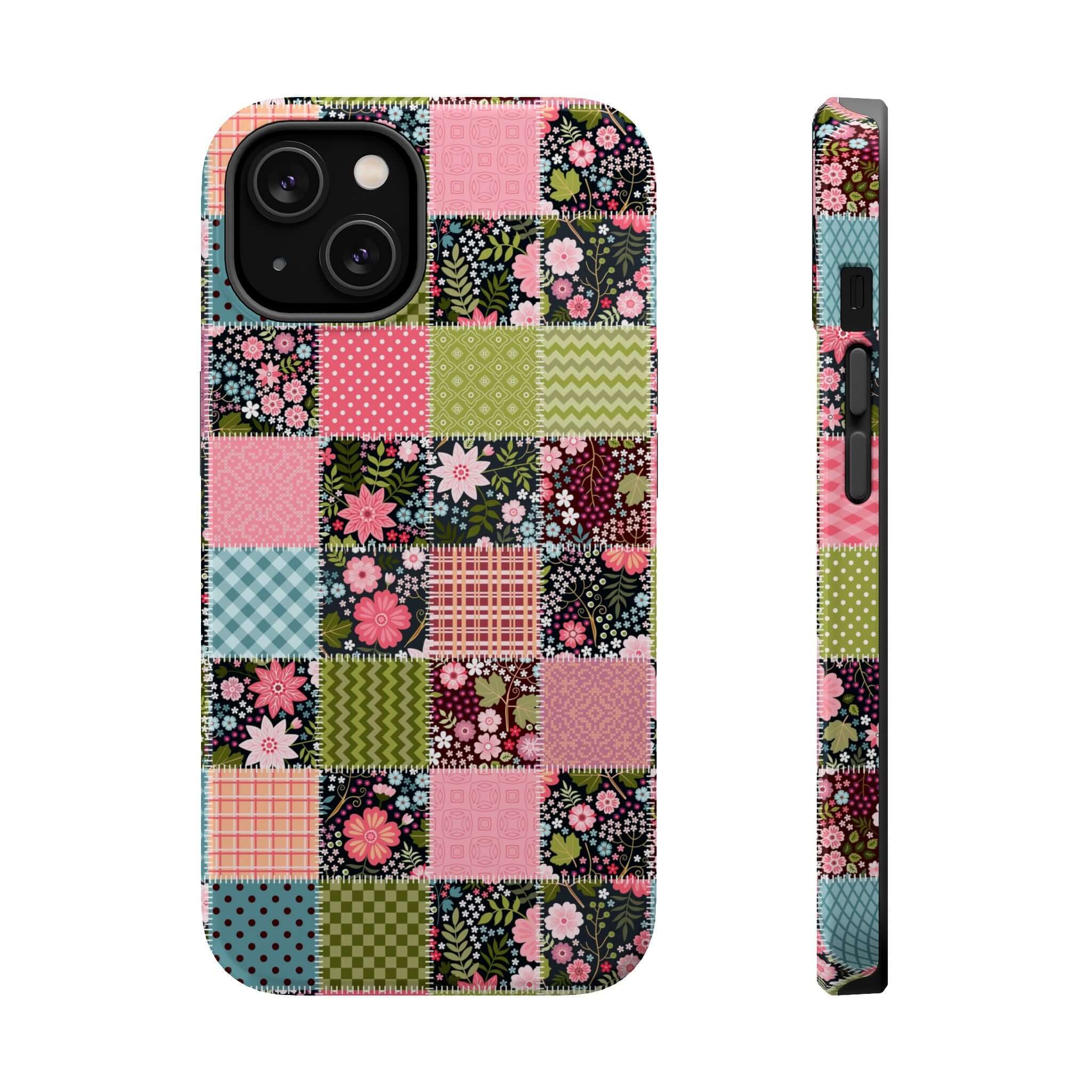 Floral Patchwork MagSafe iPhone Case in vibrant colors, showcasing cute granola girl vibes and free-spirited style.