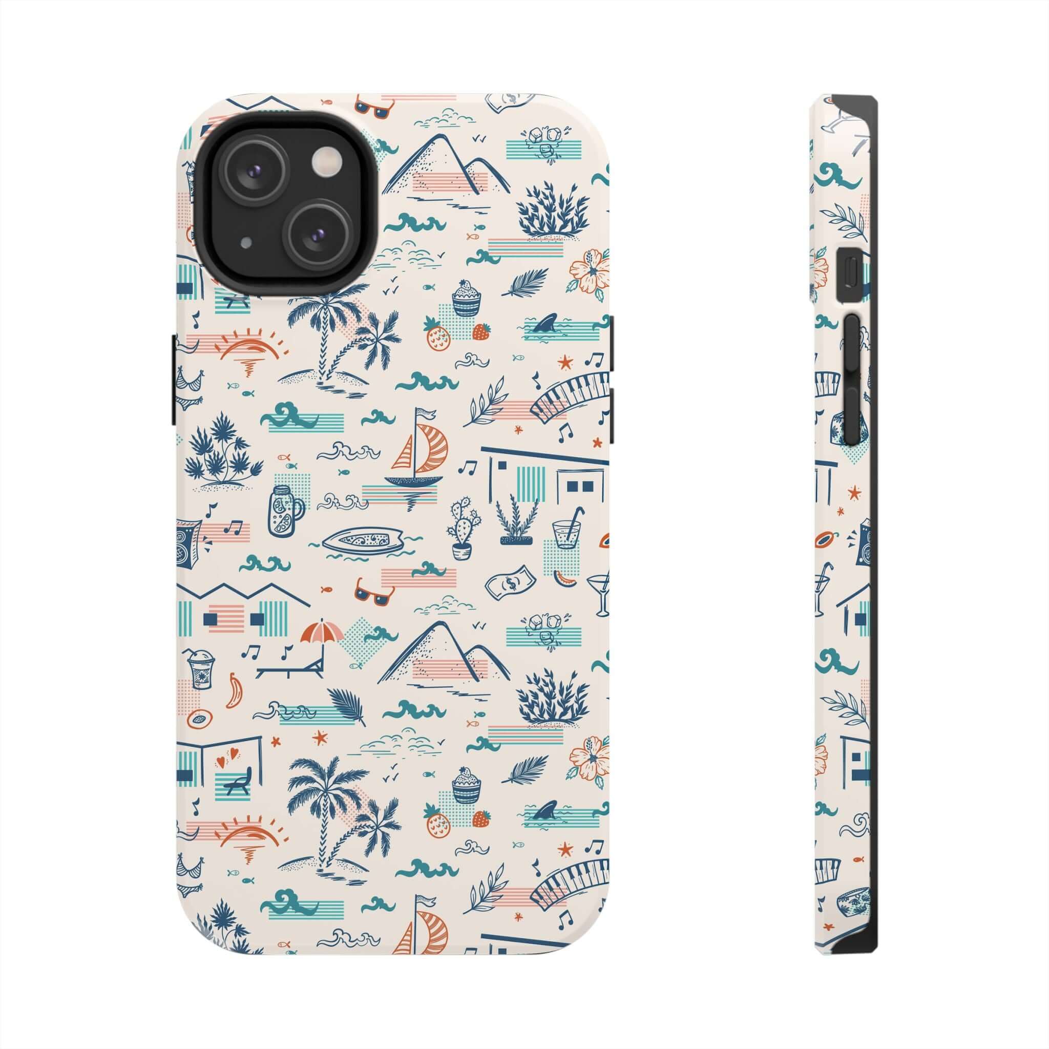 Colorful iPhone and Samsung case with playful summer vacation design featuring palm trees, waves, and beach icons.