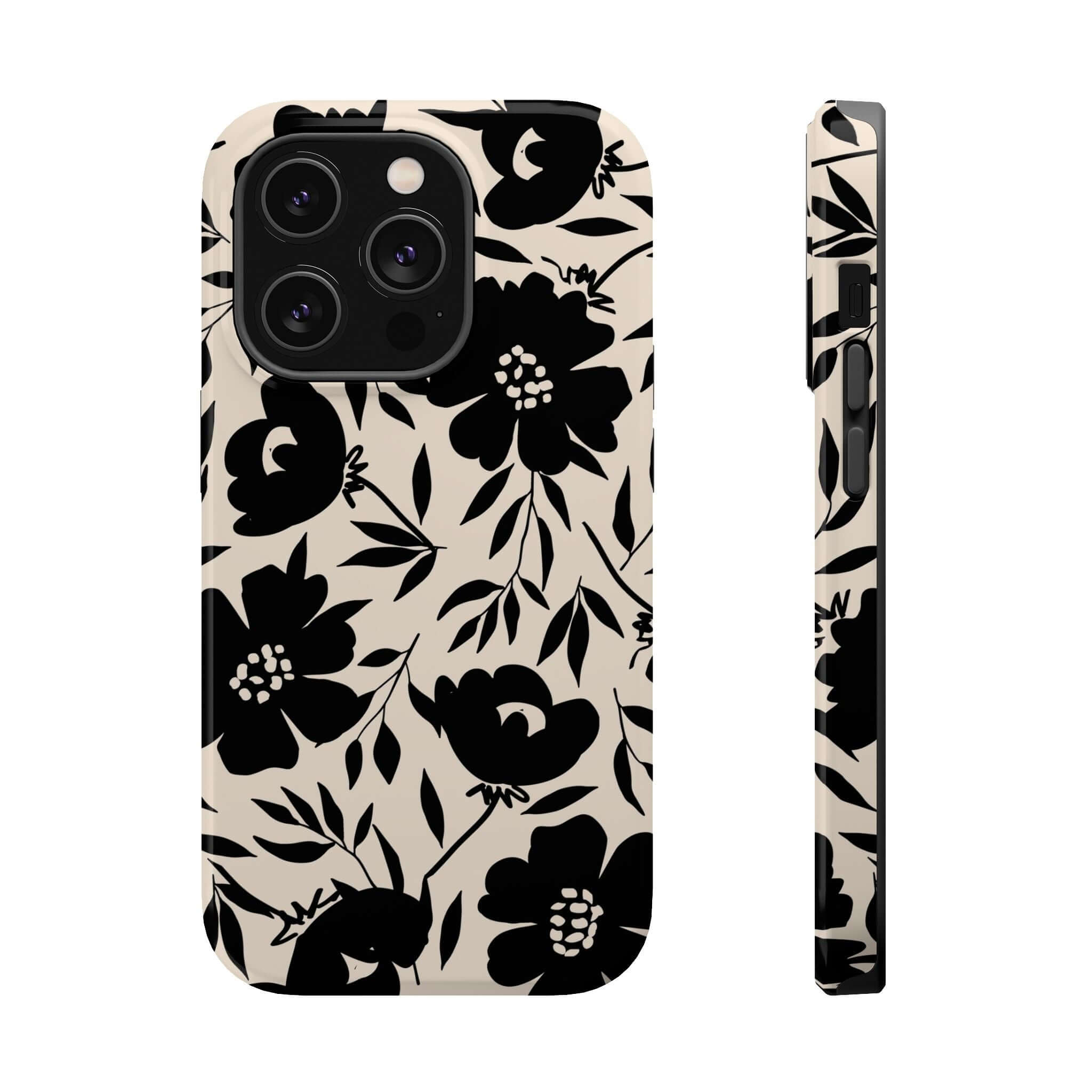 Eclipse Garden Black Floral Case for iPhone 16, Cute Phone Case with bold black flowers on a cream background.