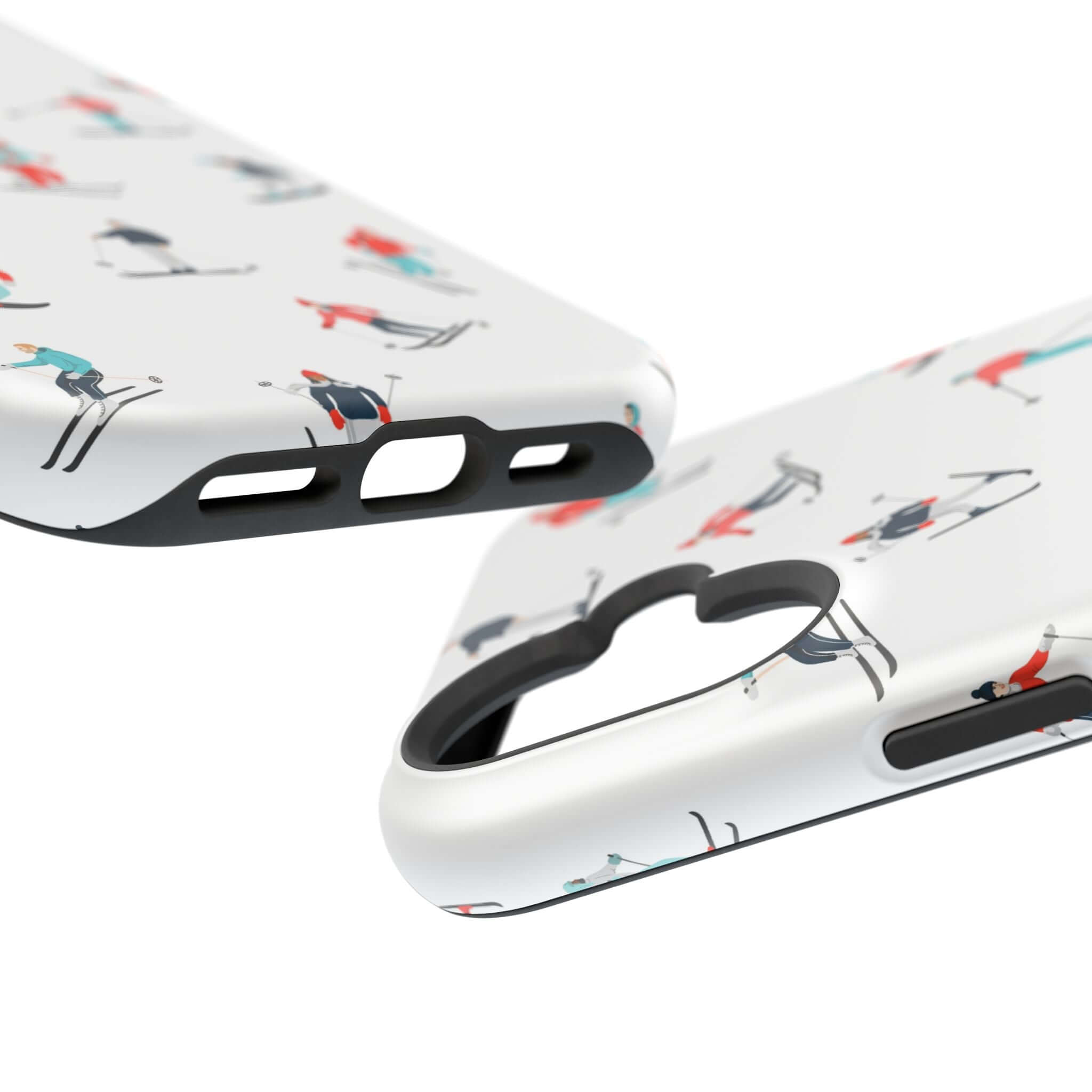 Cute winter skiing phone case featuring vibrant skiers, perfect for iPhone, combining style and MagSafe compatibility.