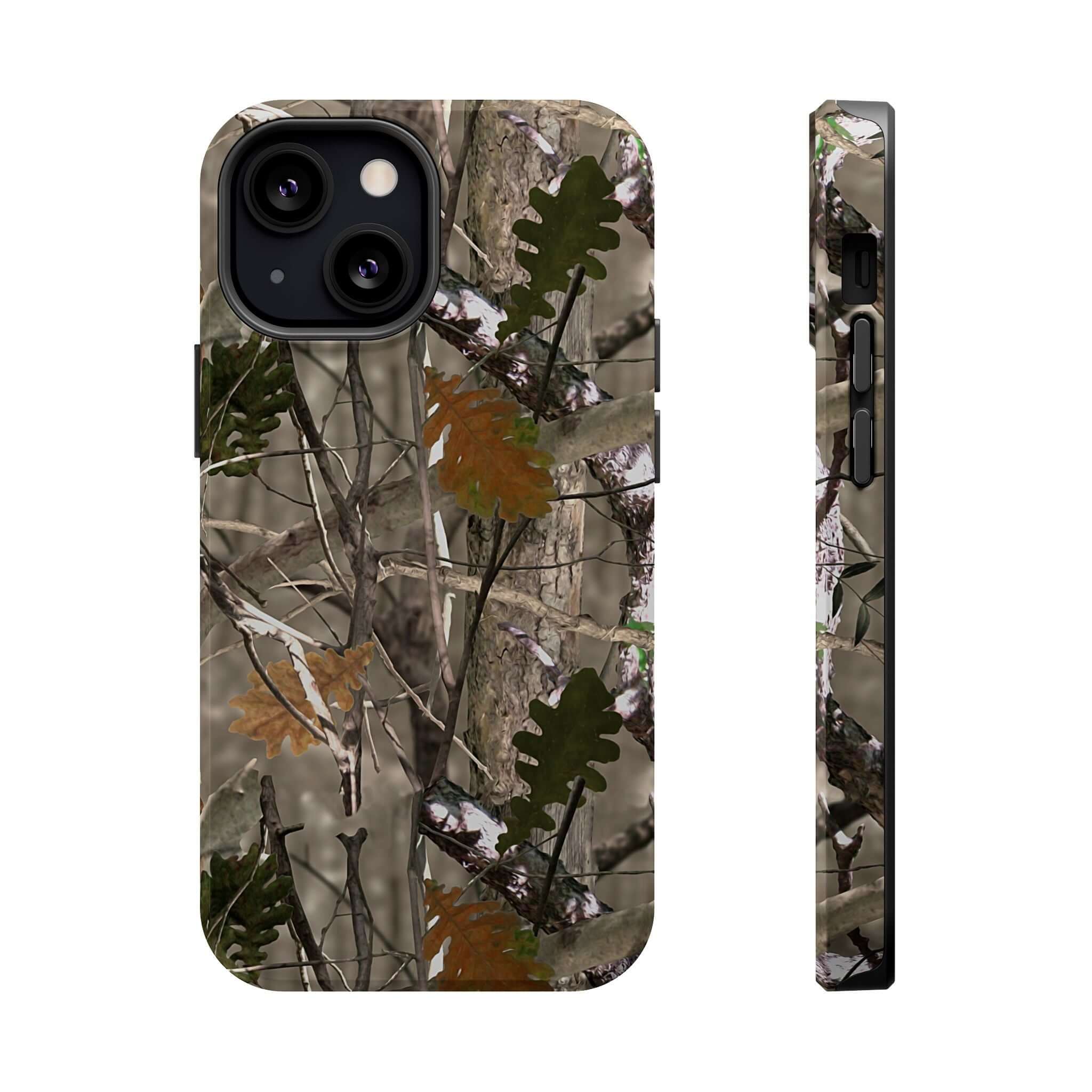 Forest camo iPhone case with animal print design, compatible with MagSafe. Modern and cute style for unique phone protection.