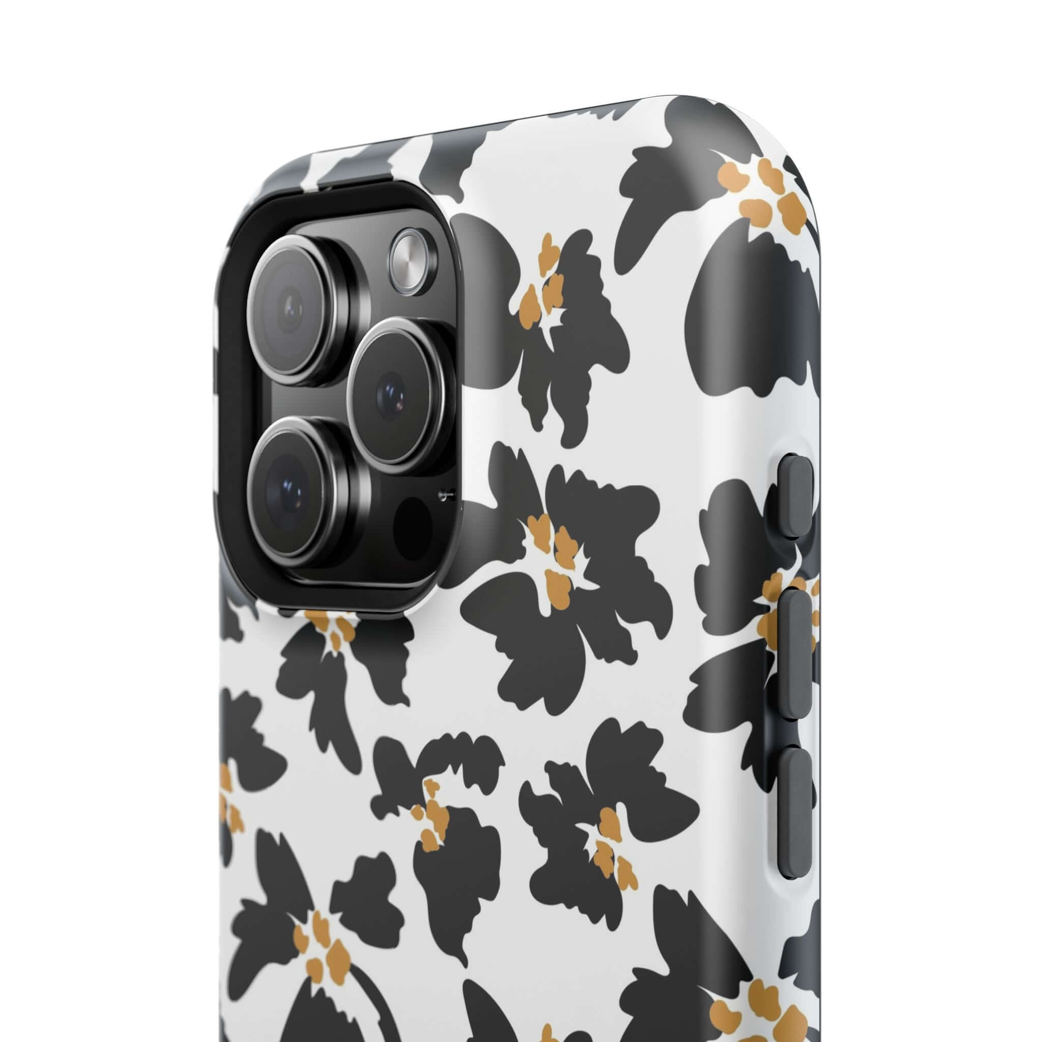 Modern Noir Flora black floral phone case for iPhone with cute animal print, MagSafe compatible, stylish and protective.