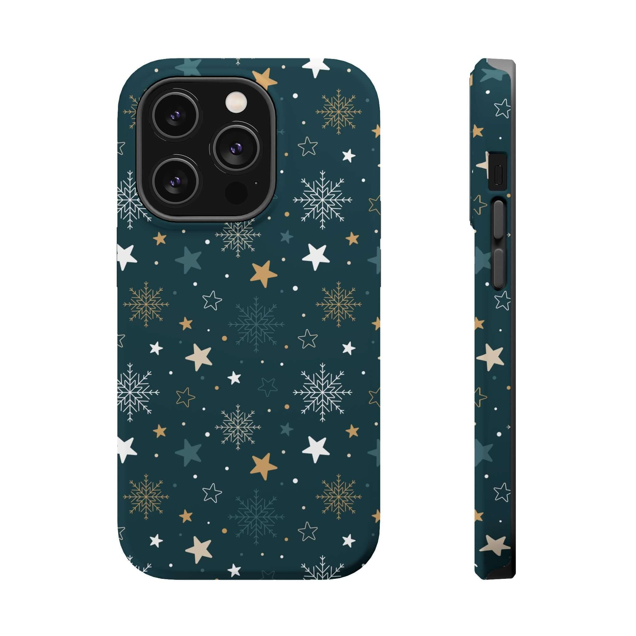 Frosted Wishes MagSafe Christmas phone case with snowflakes and stars, festive holiday phone cover, cute xmas accessory.