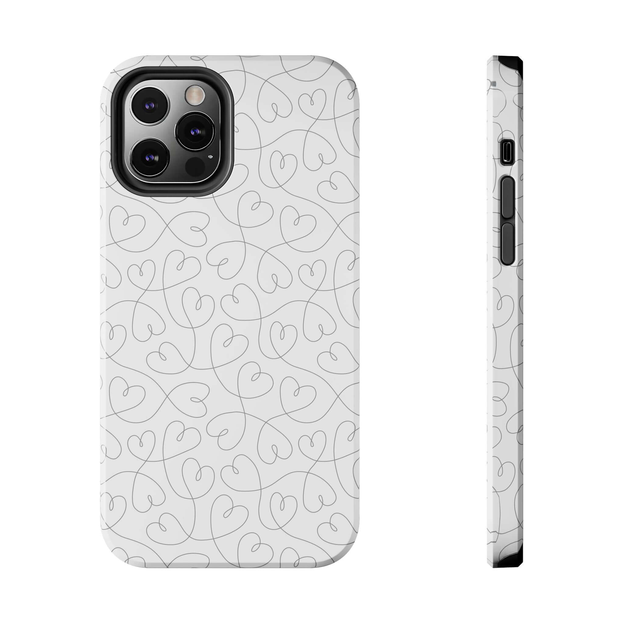 Silver Hearts Romance iPhone 14 Pro Max case with abstract heart design on a silver background, perfect for brides and weddings.