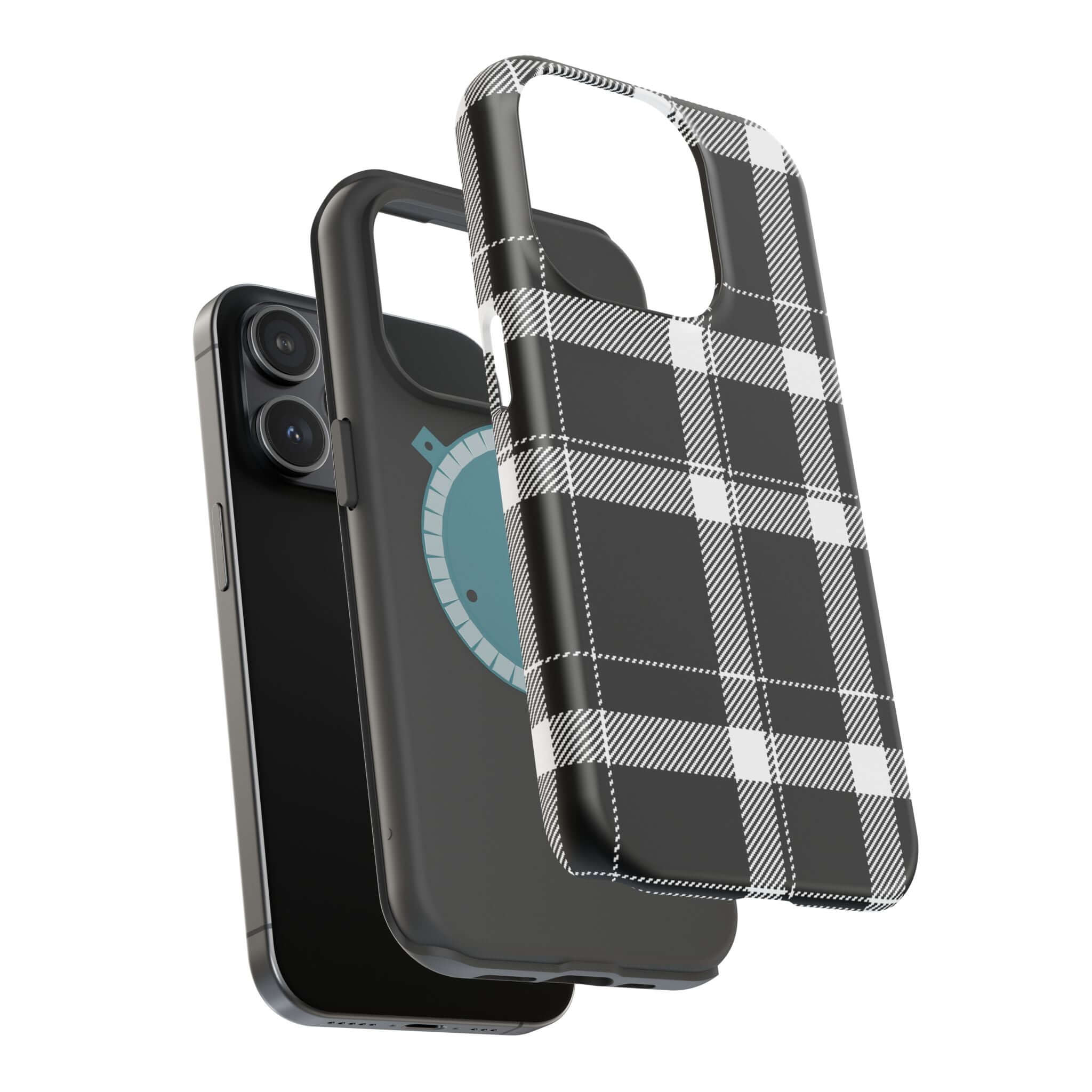 Stylish black plaid phone case alongside sleek black iPhone cover, perfect for fashion-forward Apple users.