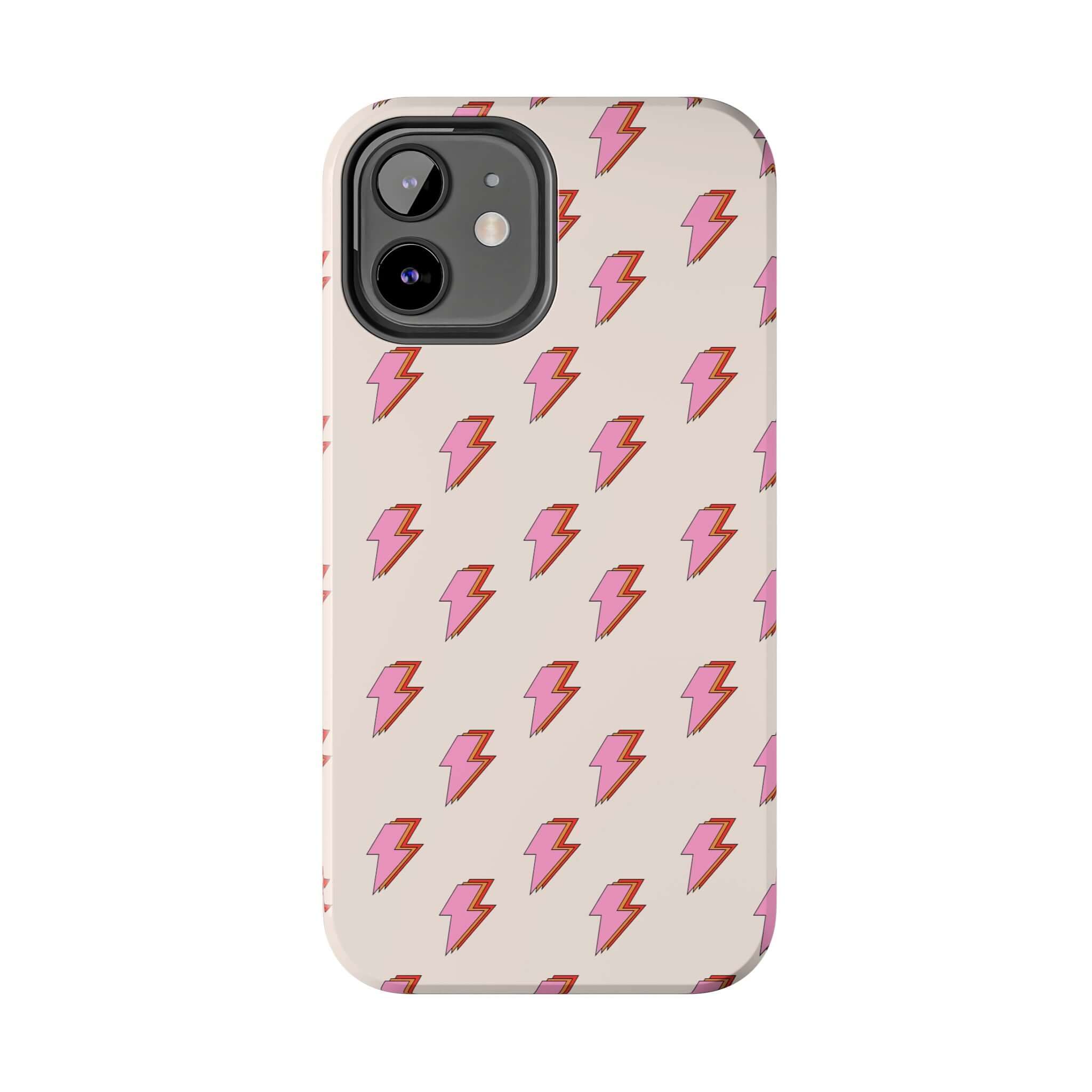 Cute iPhone case with retro pink lightning bolts, compatible with iPhone 14 and iPhone 15 - perfect for adding personality to your phone.