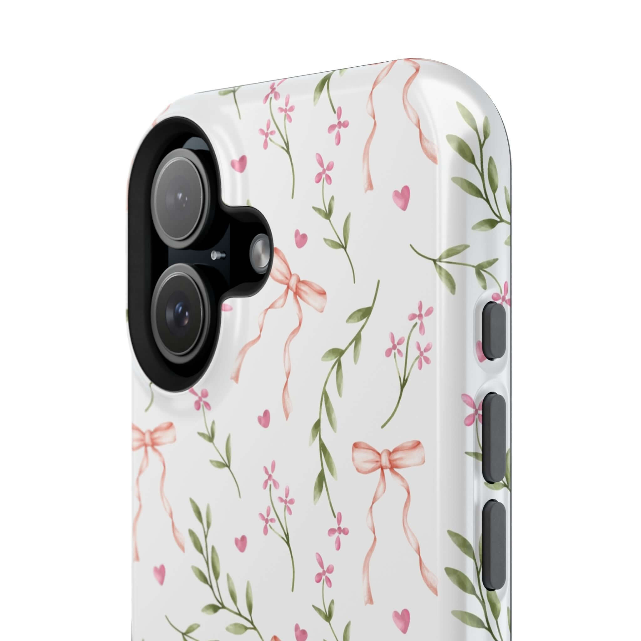 MagSafe iPhone Case with pink bows and floral design; cute phone cover by Darling Daydream adds whimsy and style to your device.