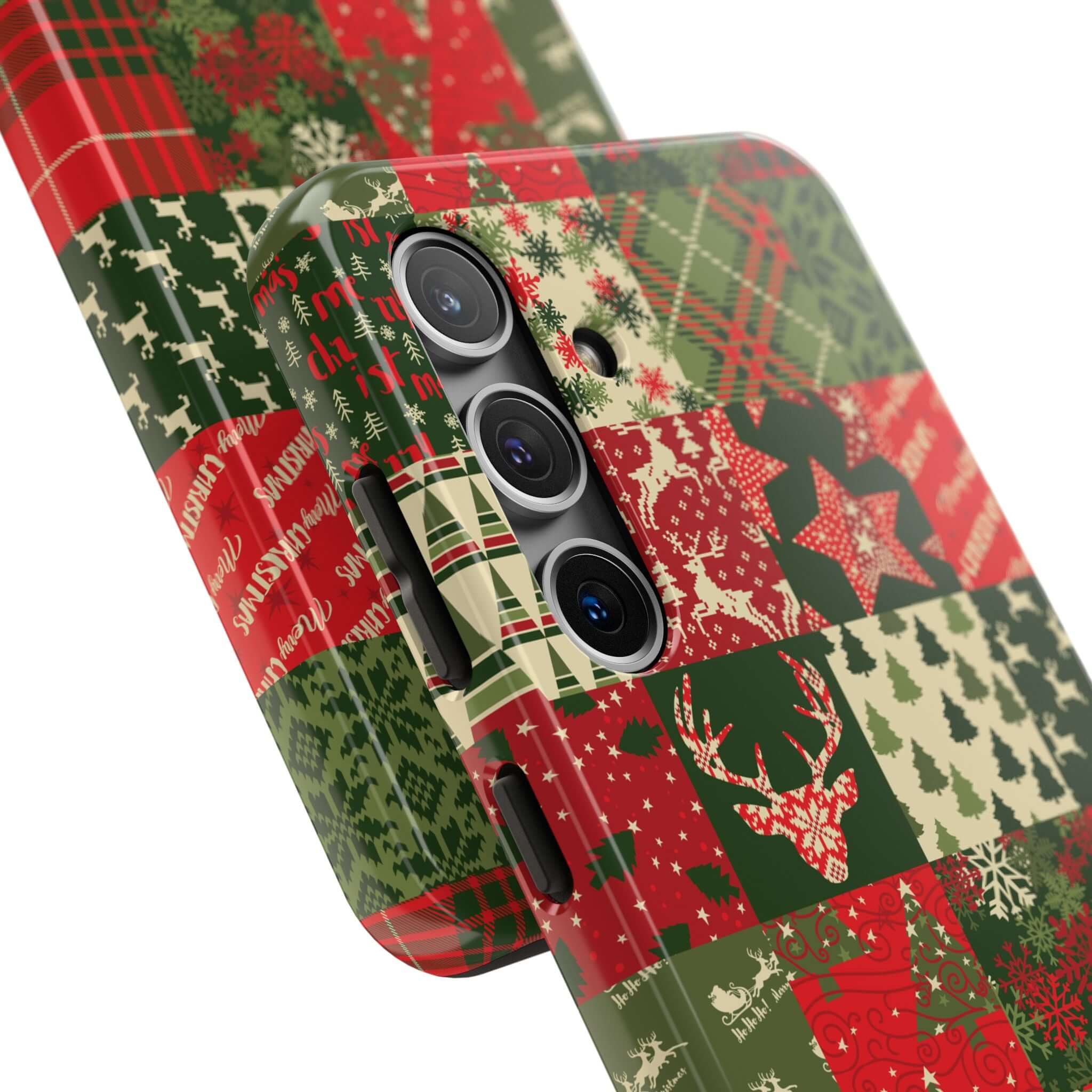 Cozy Quiltmas green holiday cute iPhone case with festive Christmas designs like trees, Santa, and snowflakes.