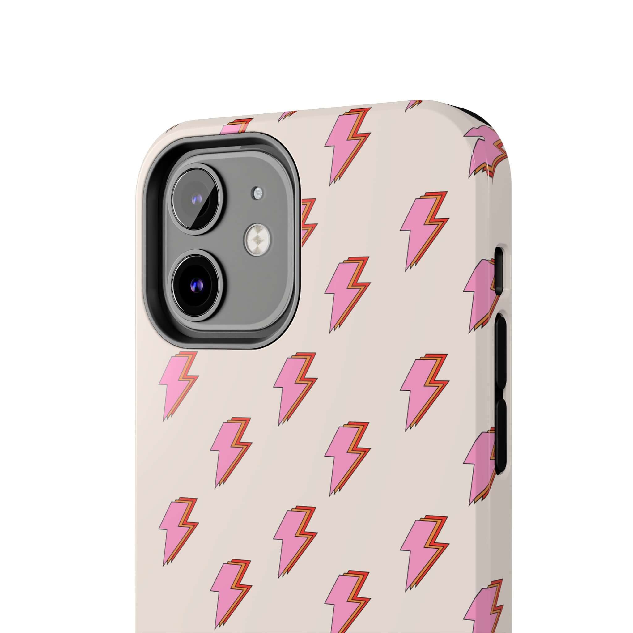 Cute iPhone case with pink lightning bolt design for iPhone 14 and 15. Retro-style phone case with free shipping.