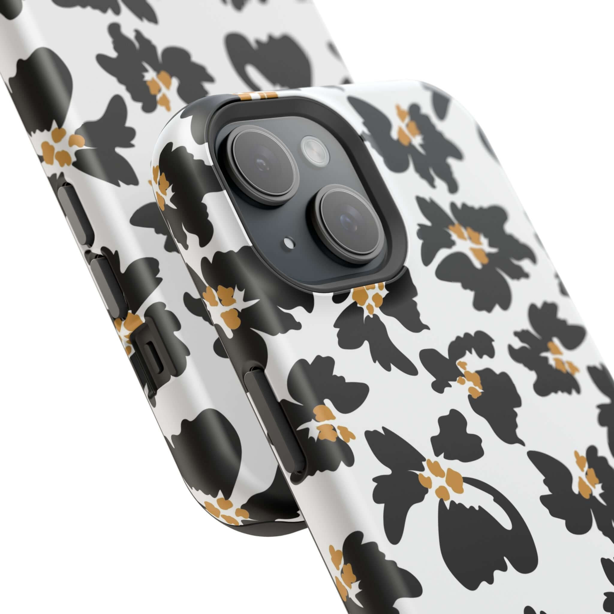 Noir Flora Black Floral iPhone Case with Modern Animal Print Design, Cute and Protective MagSafe Phone Cover