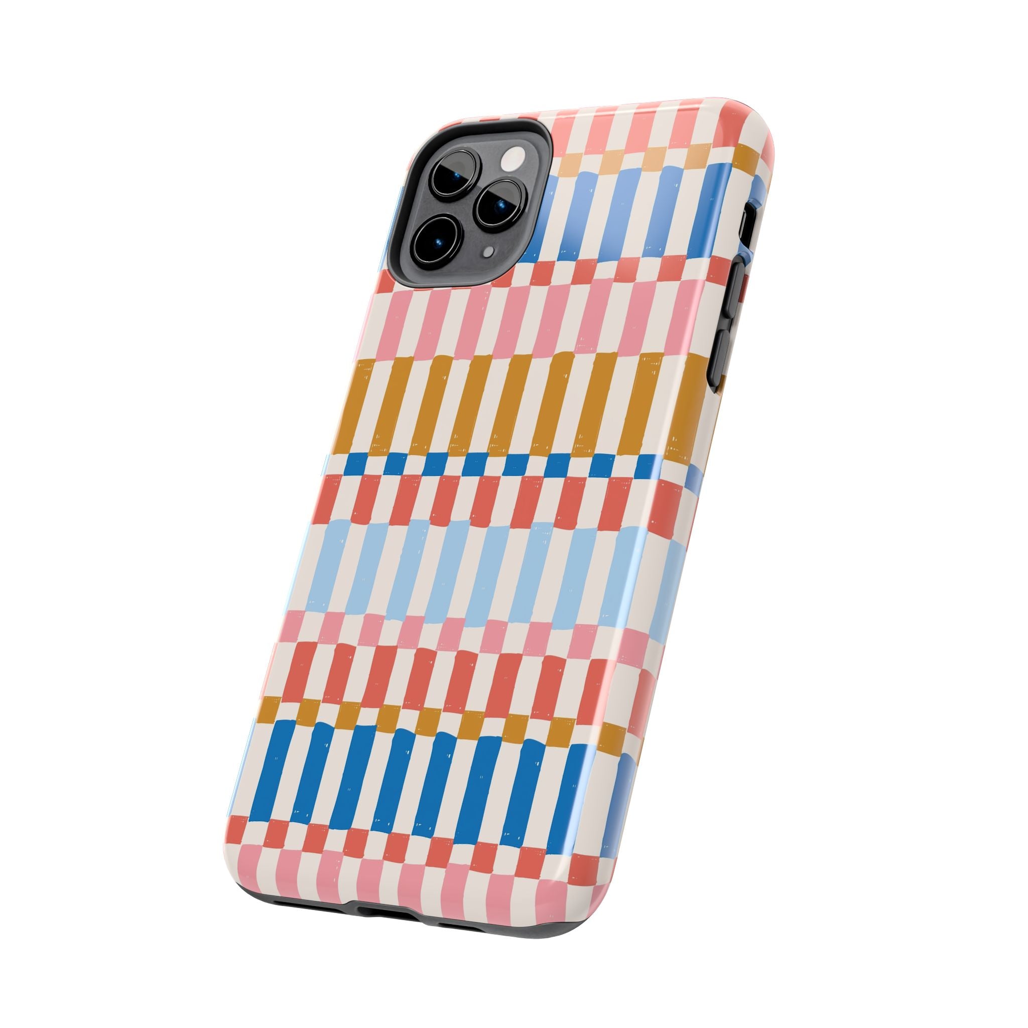 Colorwave Stripes vintage iPhone case with vibrant patterned stripes, perfect for a stylish and cute phone cover.