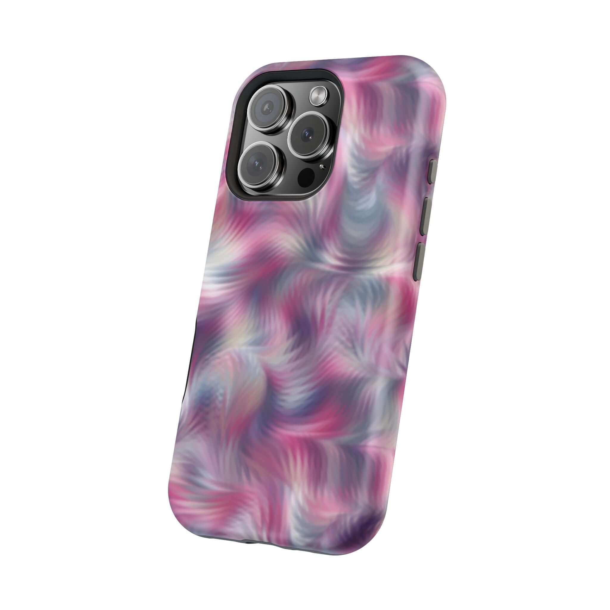 MagSafe iPhone case with purple abstract tie dye swirl, cute phone cover with floral vibes, quirky design, playful protection.